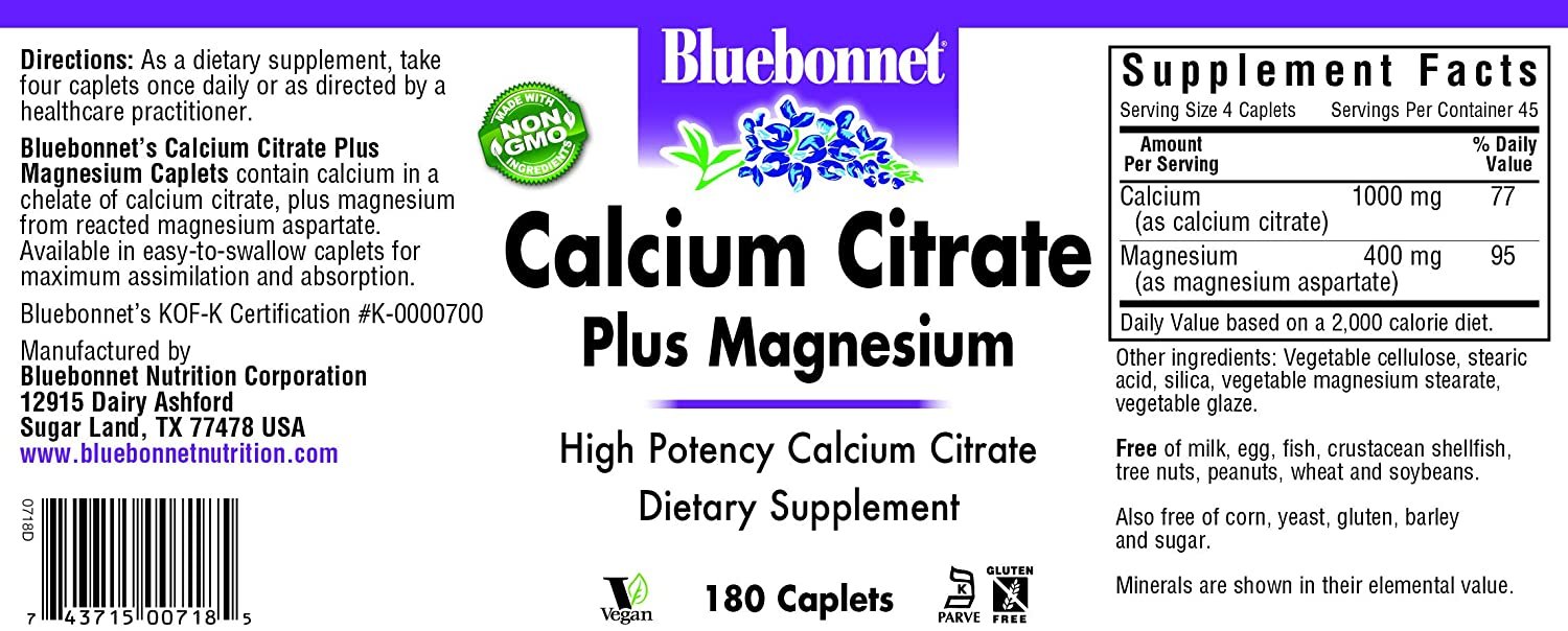 BlueBonnet Calcium Plus Magnesium Caplets, 180 Count