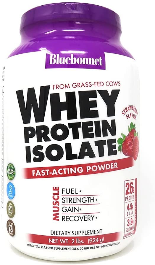 Bluebonnet Nutrition Whey Protein Isolate Powder, Whey From Grass Fed Cows, 26g of Protein, No Sugar Added, Non GMO, Gluten Free, Soy free, kosher Dairy, 2 Lbs, 28 Servings, Strawberry Flavor