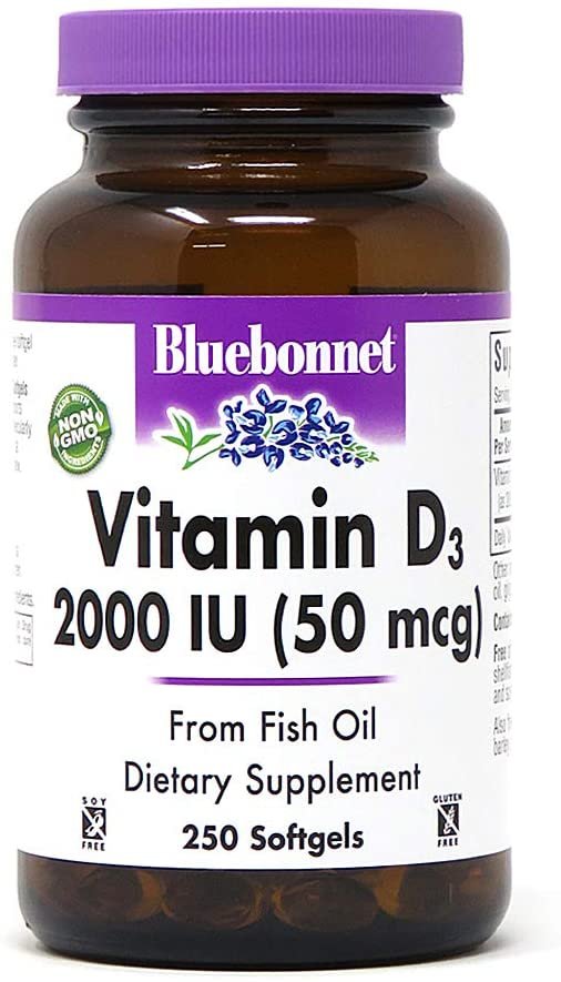 Bluebonnet Nutrition Vitamin D3 2000 IU50 mcg High Potency Immune Support, High Absorption Cold-Water Fish Liver Oil & Plant-Based Non-GMO Safflower Oil, Support Strong Bone, Gluten-Free, 250 Softgels