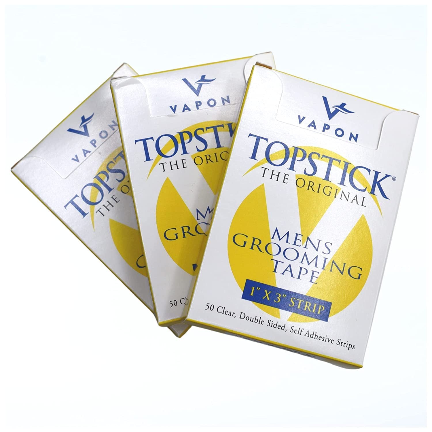 Vapon Topstick - The Original Men's Grooming Tape - 150 Count 3 Boxes - 1" x 3" Double Sided, Self Adhesive, Clear Tape for Toupee and Wig Adhesion - Hypo Allergenic, Waterproof, and Latex Free