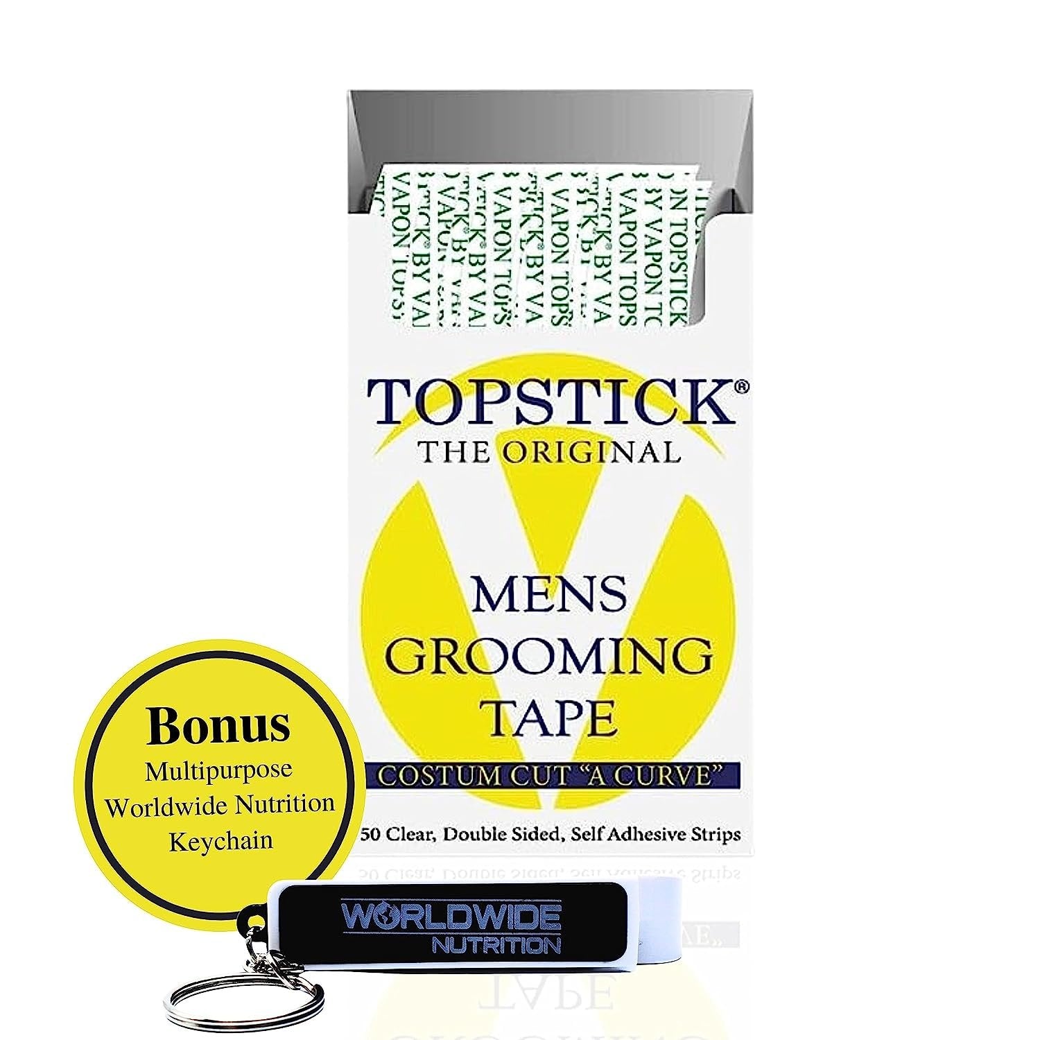Vapon Topstick The Original Custom Cut "A Curve" Men's Grooming Tape - 50 Strips Box with Bonus Worldwide Nutrition Multi Purpose Key Chain