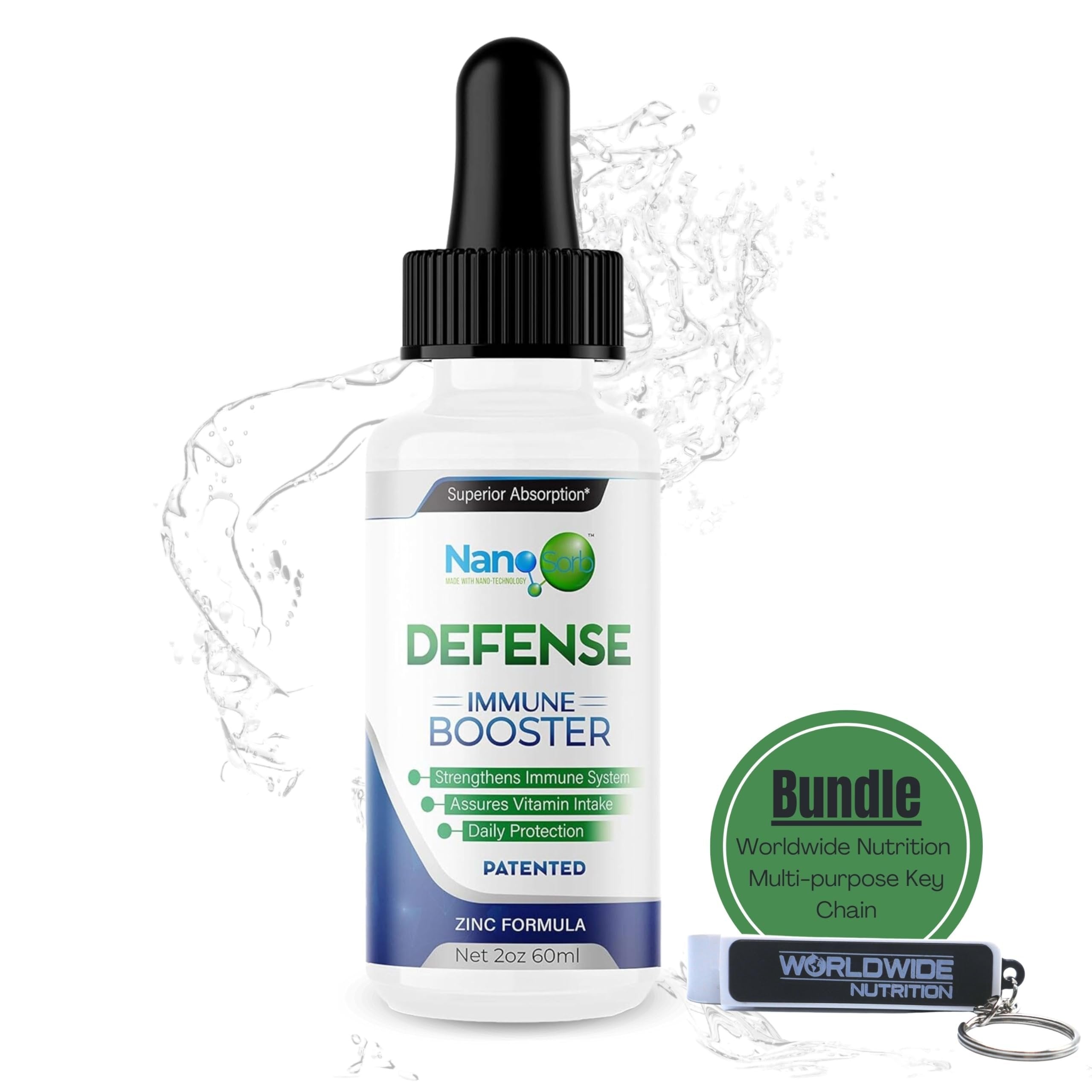 NanoSorb Defense Immune Booster - Natural Immunity Support Drops with Vitamin C, D3, K2 & Zinc - Liquid 2 oz Immune Support Supplement and Multi-Purpose Key Chain