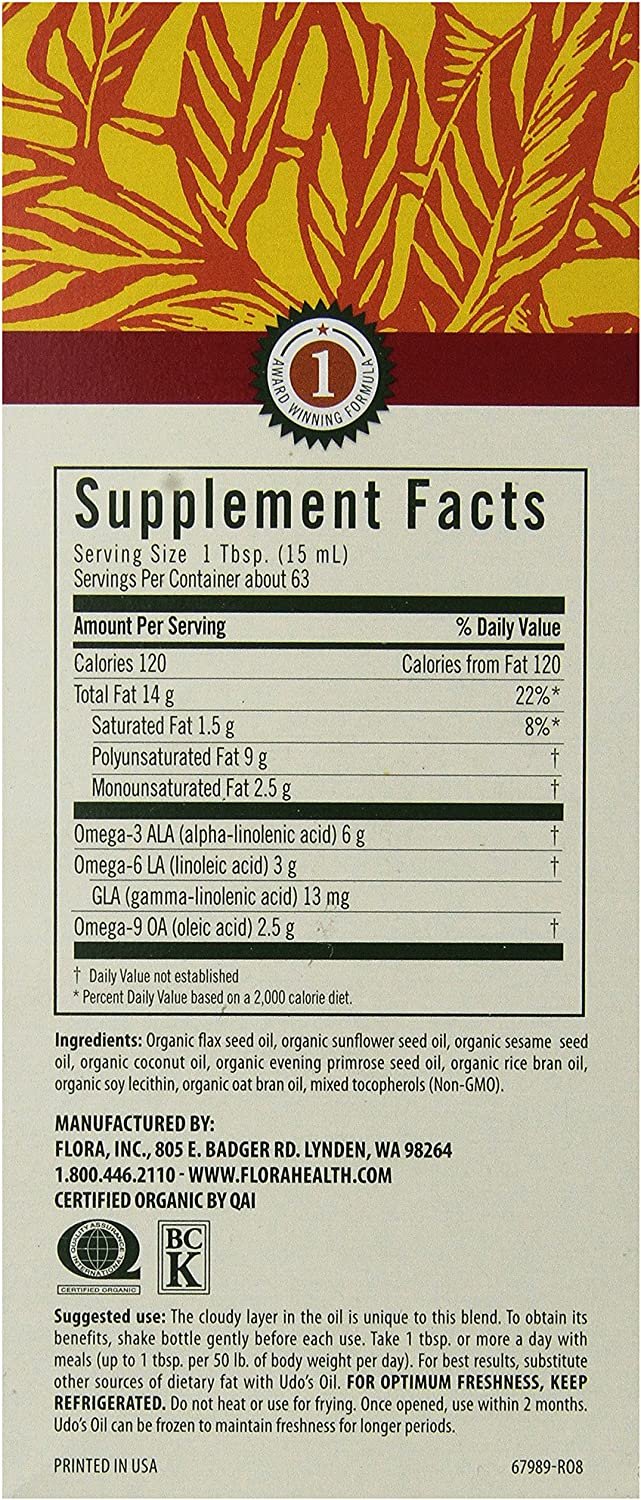 Flora UDO’s Oil Omega 3-6-9 32 Oz Supplement | Organic | Plant Based | Vegan Fish Oil Alternative | Blend of Flaxseed, Coconut, Evening Primrose & More