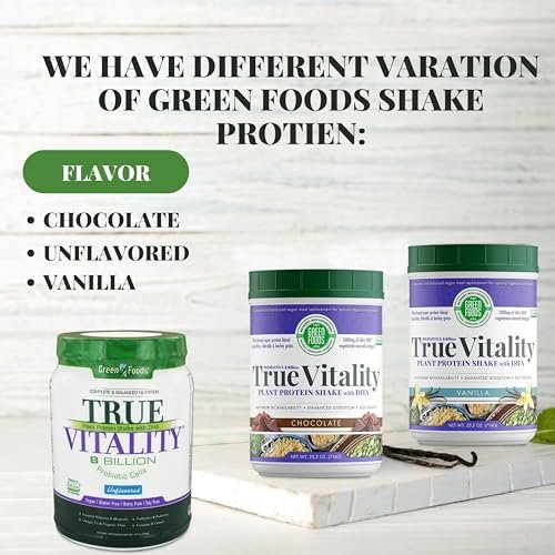 Green Foods True Vitality Plant Protein Shake with DHA Unflavored - 25.2 oz Protein Powder Gluten Free Breakfast Shake Powder and Multi-Purpose Key Chain