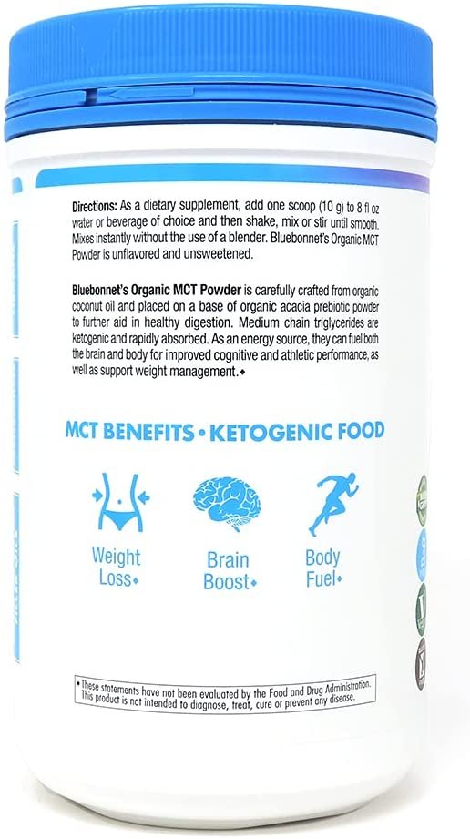 Bluebonnet Nutrition Organic MCT Powder, Keto and Paleo, Supports Weight Management*, Non-GMO, USDA Organic, Kosher, Vegan, Gluten-Free, 10.58 oz, 30 Servings, Unflavored, Unsweetened