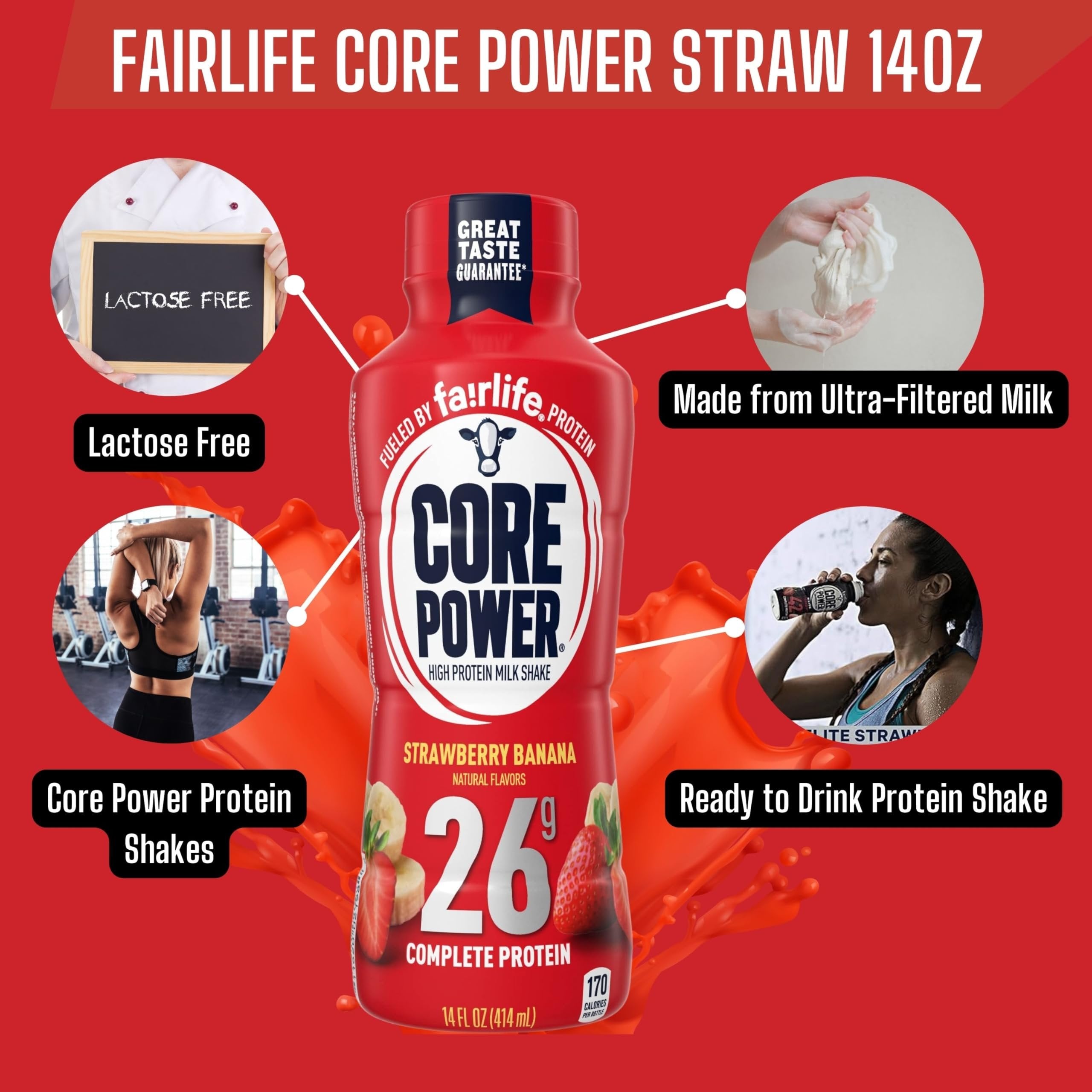 Core Power Fairlife 26g Protein Milk Shakes - Ready To Drink for Workout Recovery - Strawberry Banana Flavor, 14 Fl Oz (Pack of 12) and Multi-Purpose Key Chain