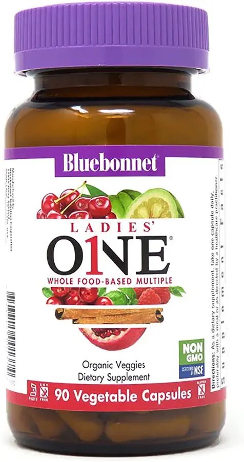 Bluebonnet Nutrition Ladies One Vegetable Capsule, Whole Food Multiple, K2, Organic Vegetable, Energy, Vitality, Non-GMO, Gluten Free, Soy Free, Milk Free, Kosher, 90 Vegetable Capsule, 3 Month Supply