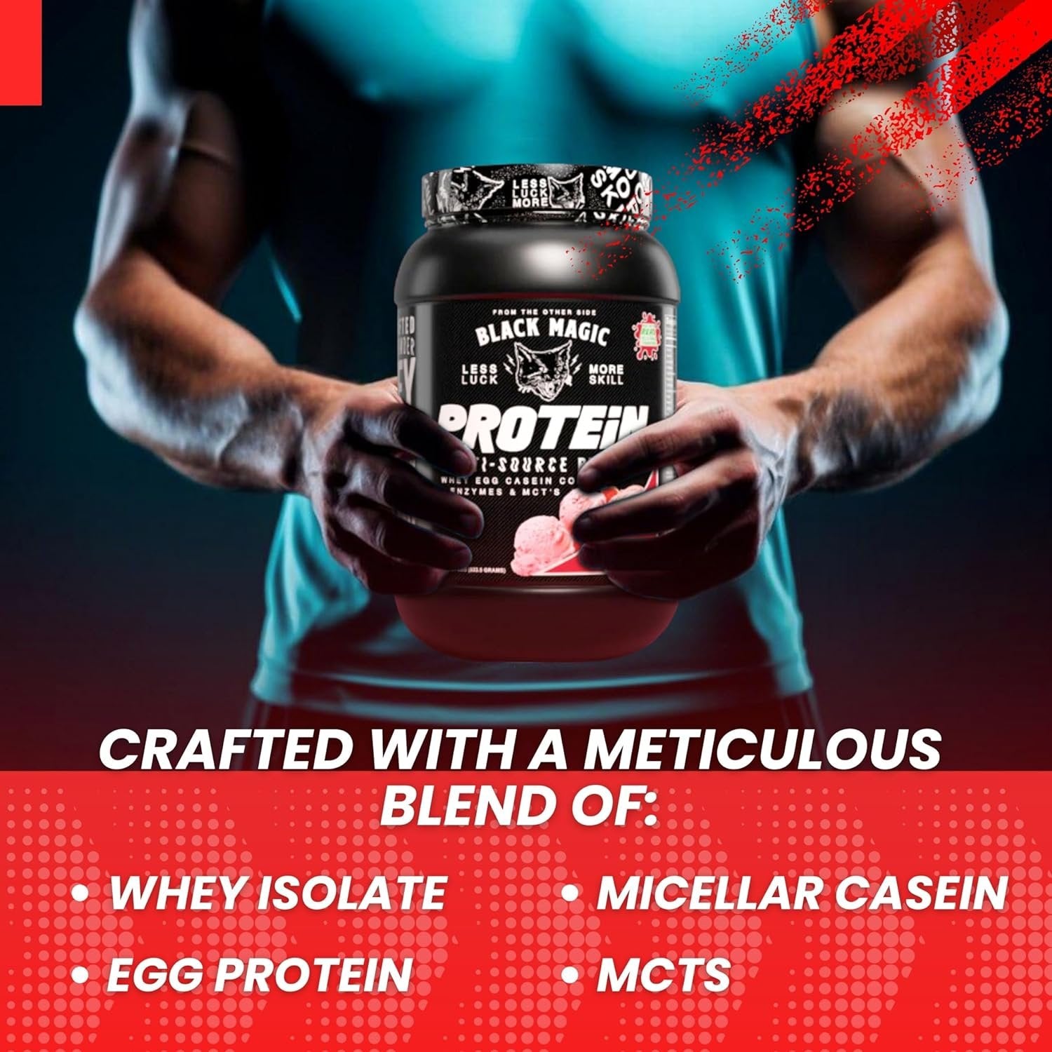 Black Magic Supply Multi- Source Protein Powder - Whey Egg Casein Complex - Enzymes & MCT's - Strawberry Ice Cream Flavor - 2 lbs