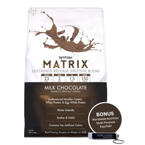 Syntrax Bundle, 2 Items: Matrix Milk Chocolate Whey Casein Blend Protein Powder - Instant Mix High Protein Powder 5lb Kosher and Halal Whey Protein with Worldwide Nutrition Keychain