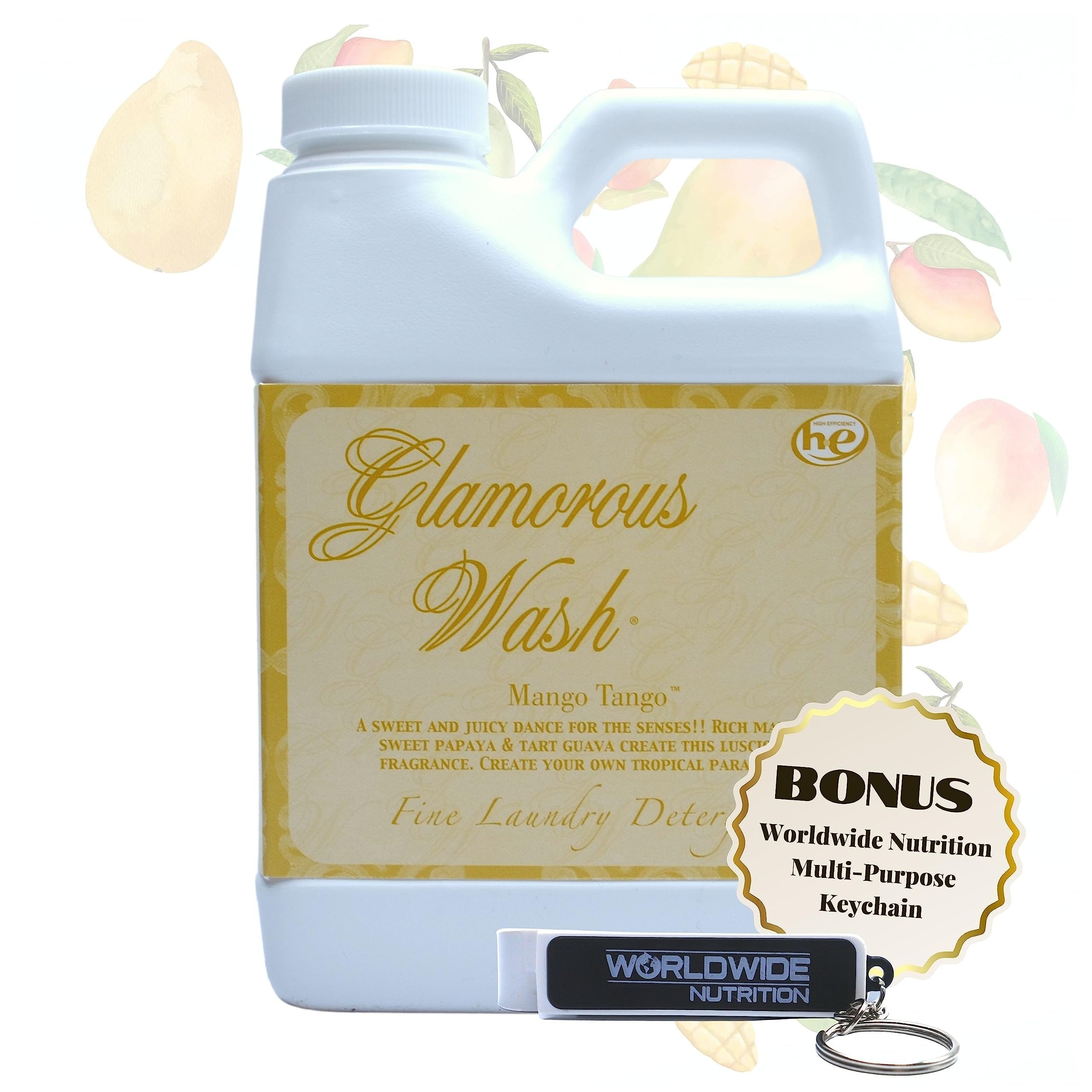 Tyler Candle Company Glamorous Wash Mango Tango Laundry Detergent - Luxury Liquid Laundry Detergent - Hand and Machine Washable - 3.78L (1Gal) with Bonus Worldwide Nutrition Multi Purpose Key Chain