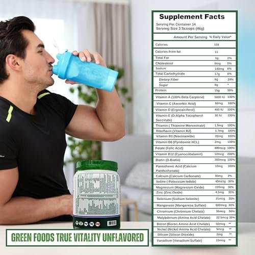 Green Foods True Vitality Plant Protein Shake with DHA Unflavored - 25.2 oz Protein Powder Gluten Free Breakfast Shake Powder and Multi-Purpose Key Chain