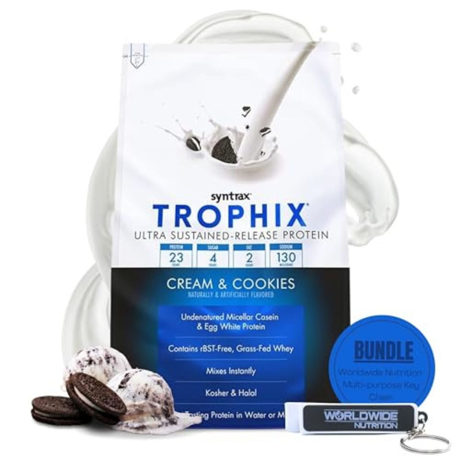 Syntrax Bundle, 2 Items: Trophix Undenatured Casein Protein - Instant Mix Whey Protein & Egg White Protein Powder and Worldwide Nutrition Keychain