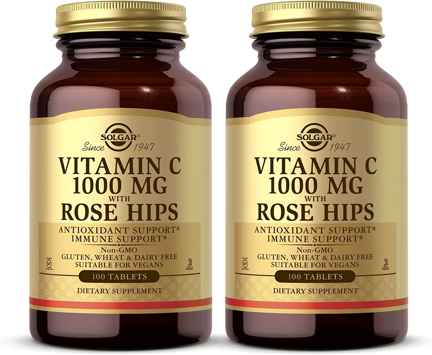 Solgar Vitamin C 1000 mg with Rose Hips - 100 Tablets, Pack of 2 - Antioxidant & Immune Support - Non GMO, Vegan, Gluten Free, Dairy Free, Kosher - 200 Total Servings