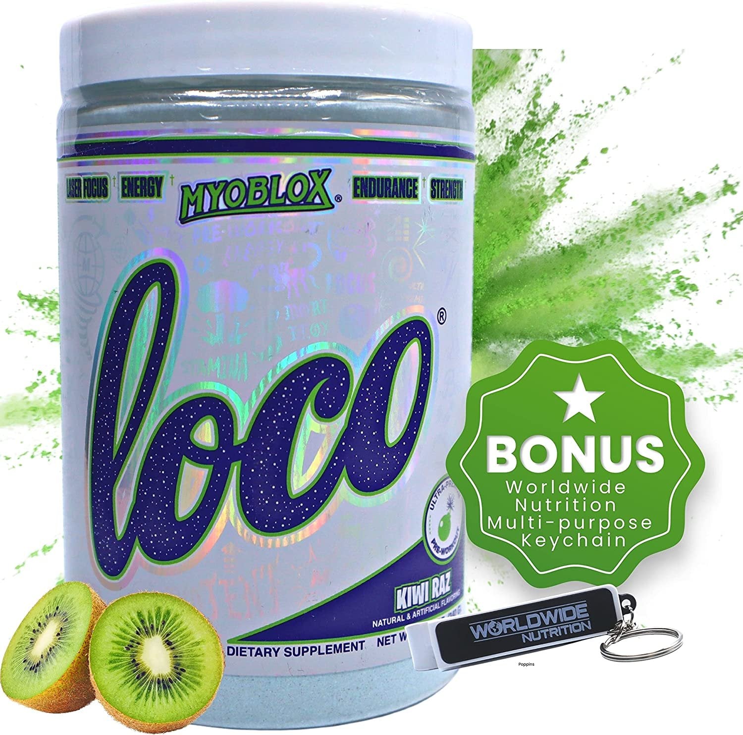 MyoBlox Loco Kiwi Raz Pre Workout - Preworkout for Men & Women | Workout Energy Drink for Energy, Focus, & Intensity | 40 Servings of Sports Nutrition w Worldwide Nutrition Multi Purpose Key Chain