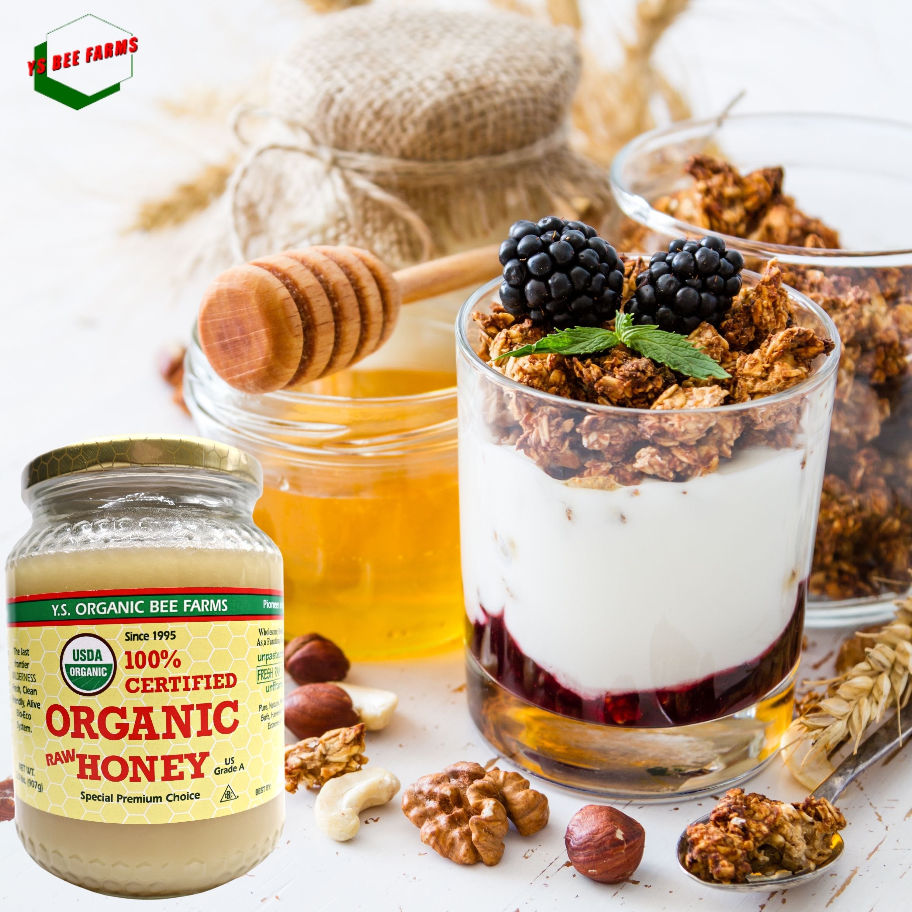 Y.S. Organic Bee Farms, 100% Certified Y.S. Organic Raw Honey, Unpasteurized, Unfiltered, Fresh Raw State, Kosher, Pure, Natural, Healthy, Safe, Gluten Free, Harvested with Extreme Care, 2 Lb