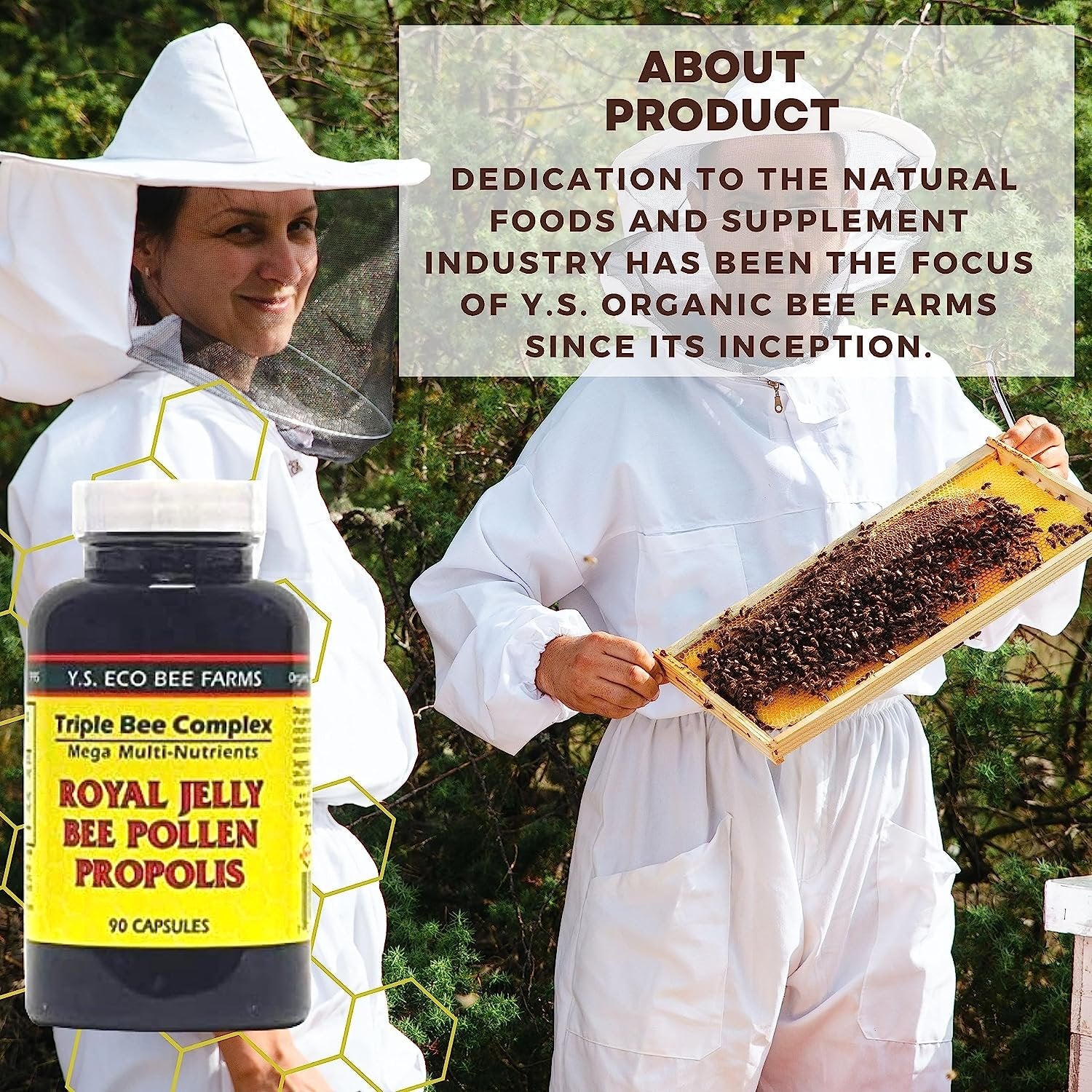 YS Organics Bee Farm Triple Bee Complex Mega Multi-Nutrients - Royal Jelly, Bee Pollen, Propolis - 90 Capsules - with Multi-Purpose Key Chain