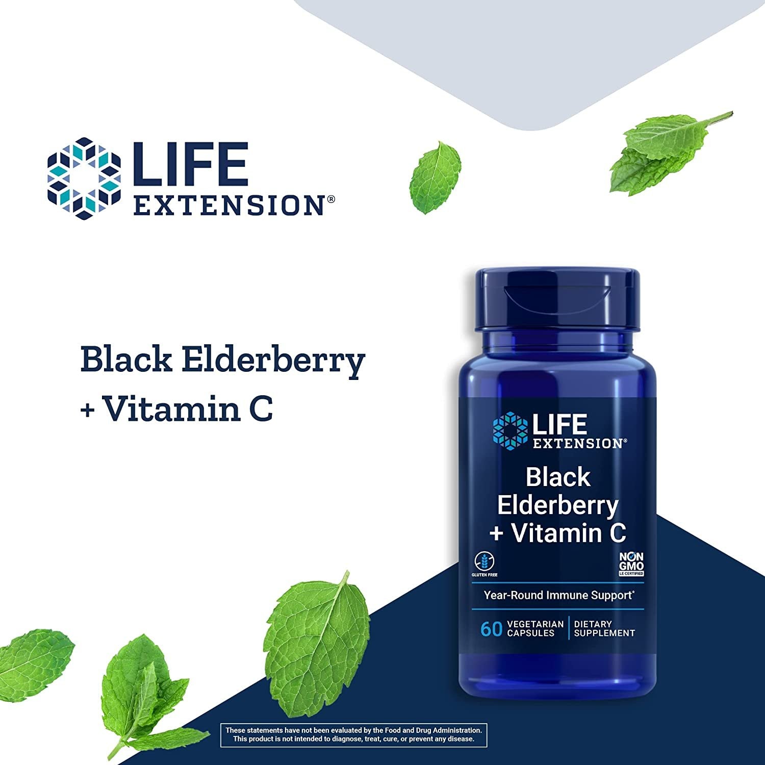 Life Extension Black Elderberry + Vitamin C - Immune System Support, Gluten-Free, Non-GMO - 60 Vegetarian Capsules