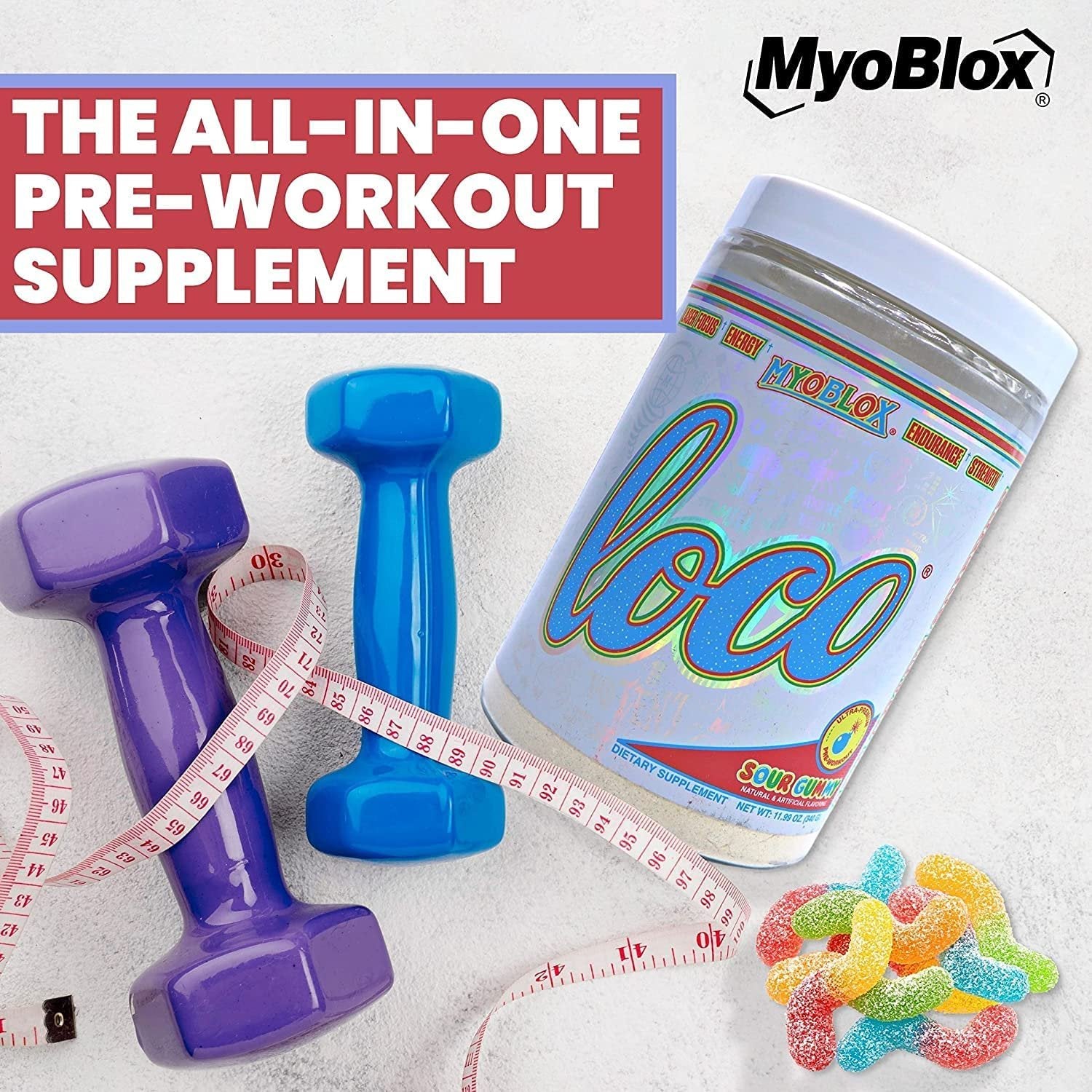 Worldwide Nutrition MyoBlox Loco Sour Gummy Pre Workout - Preworkout for Men & Women | Workout Energy Drink for Energy, Focus, & Intensity | 40 Servings of Sports Nutrition w Multi Purpose Key Chain