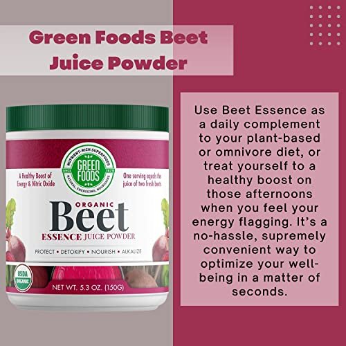 Green Foods - Organic Beet Essence Juice Powder- Nitric Oxide Super Food, Wholefood Antioxidant, Natural Pre Workout, Energy, Endurance, Detox, Heart Health 5.3oz (30 Servings) with Bonus Key Chain