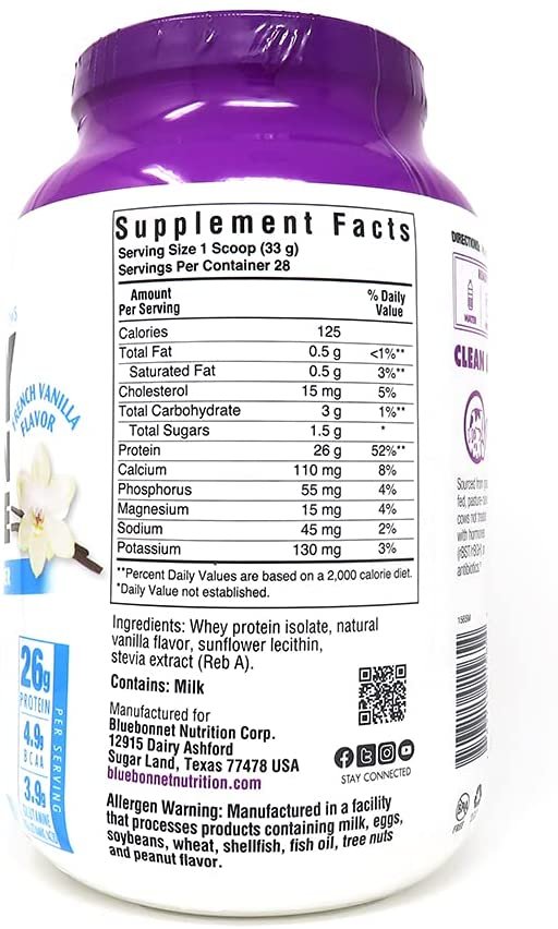 BlueBonnet Nutrition Whey Protein Isolate Powder From Grass Fed Cows, 26g of Protein, No Sugar Added, Non GMO, Gluten & Soy free, kosher Dairy, 2 Lbs, 28 Servings, French Vanilla Flavor