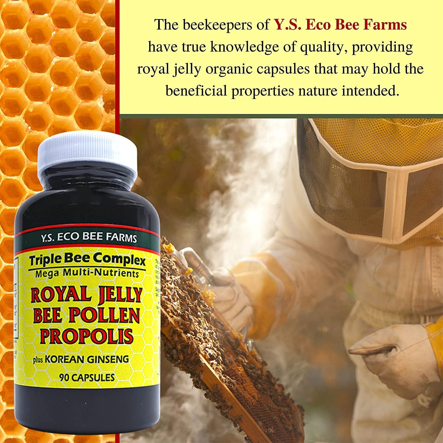 Y.S. Eco Bee Farms Triple Bee Complex Royal Jelly Bee Pollen Propolis Plus Korean Ginseng - Health and Wellness Organic Bee Pollen Supplement - 90 Ct with Worldwide Nutrition Multi Purpose Key Chain