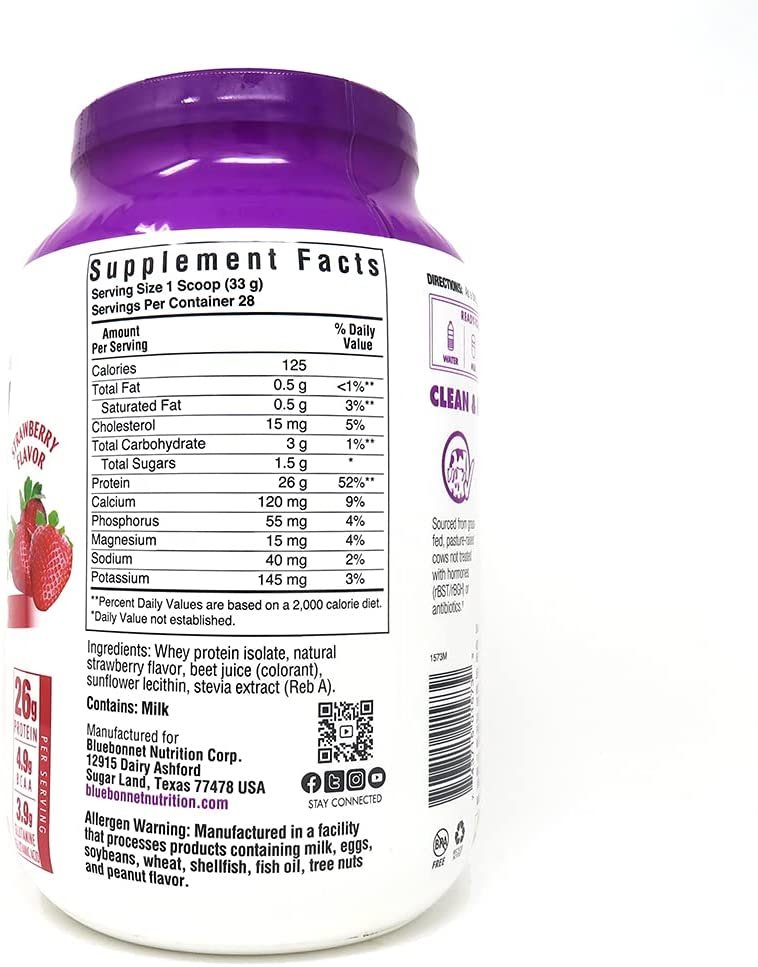 Bluebonnet Nutrition Whey Protein Isolate Powder, Whey From Grass Fed Cows, 26g of Protein, No Sugar Added, Non GMO, Gluten Free, Soy free, kosher Dairy, 2 Lbs, 28 Servings, Strawberry Flavor