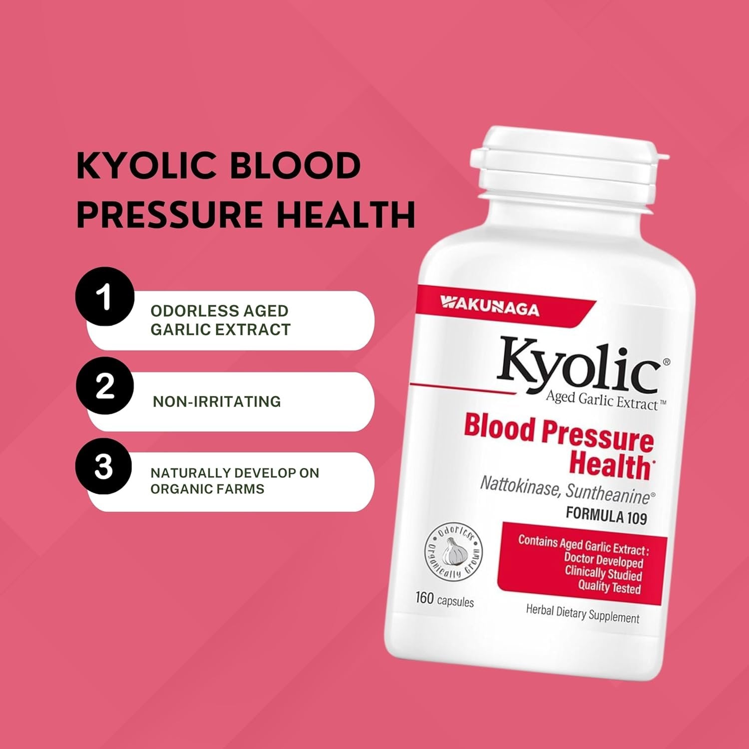 Kyolic Aged Garlic Extract Capsules Blood Pressure Health Formula 109 - Organic Garlic Supplement Odorless - 160 Capsules - with Multi-Purpose Key Chain