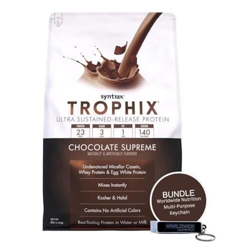 Syntrax Bundle, 2 Items: Trophix Undenatured Casein Protein - Instant Mix Whey Protein & Egg White Protein Powder and Worldwide Nutrition Keychain