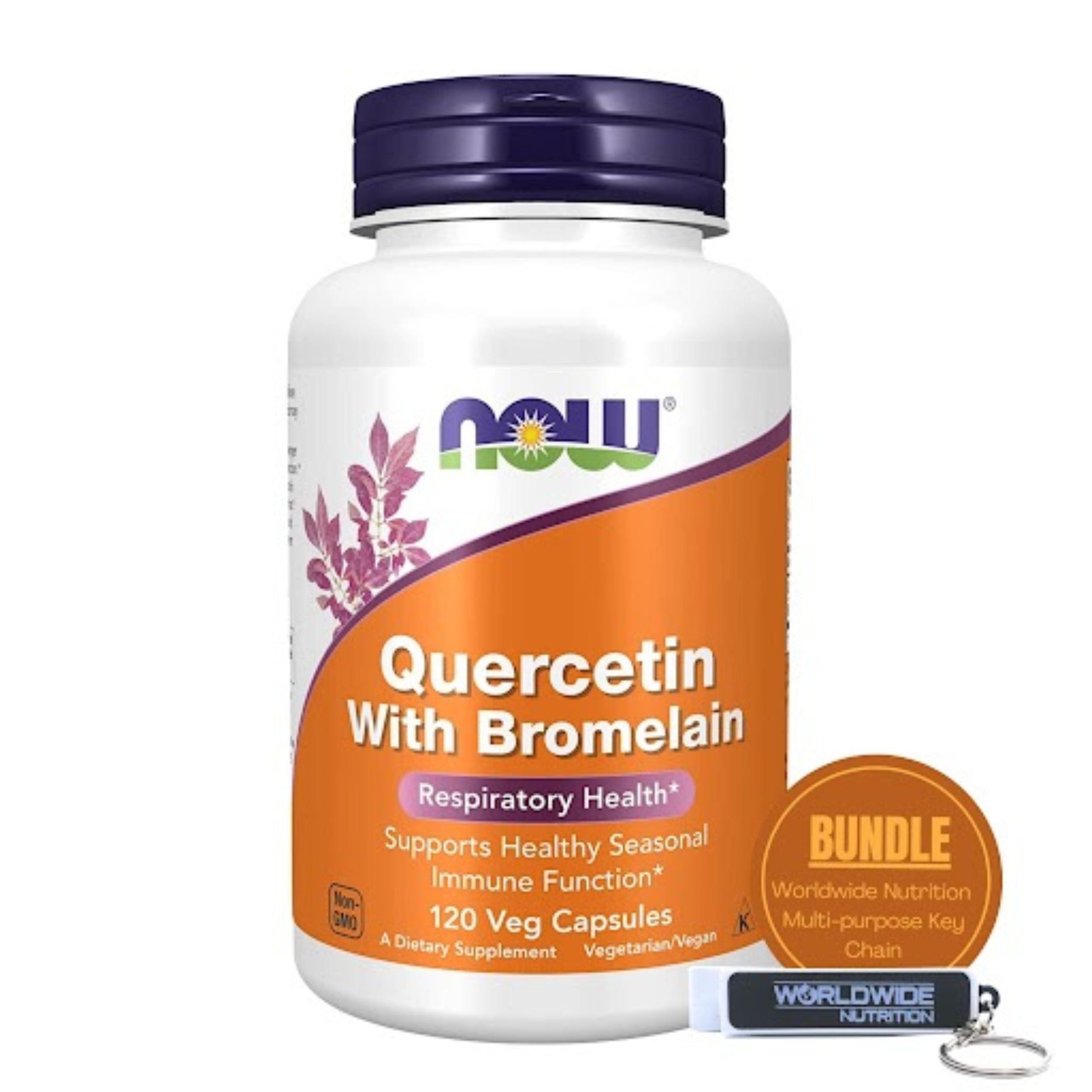Worldwide Nutrition Now Supplements, Quercetin with Bromelain, Balanced Immune System Support, 120 Veg Capsules with Multi Purpose Key Chain