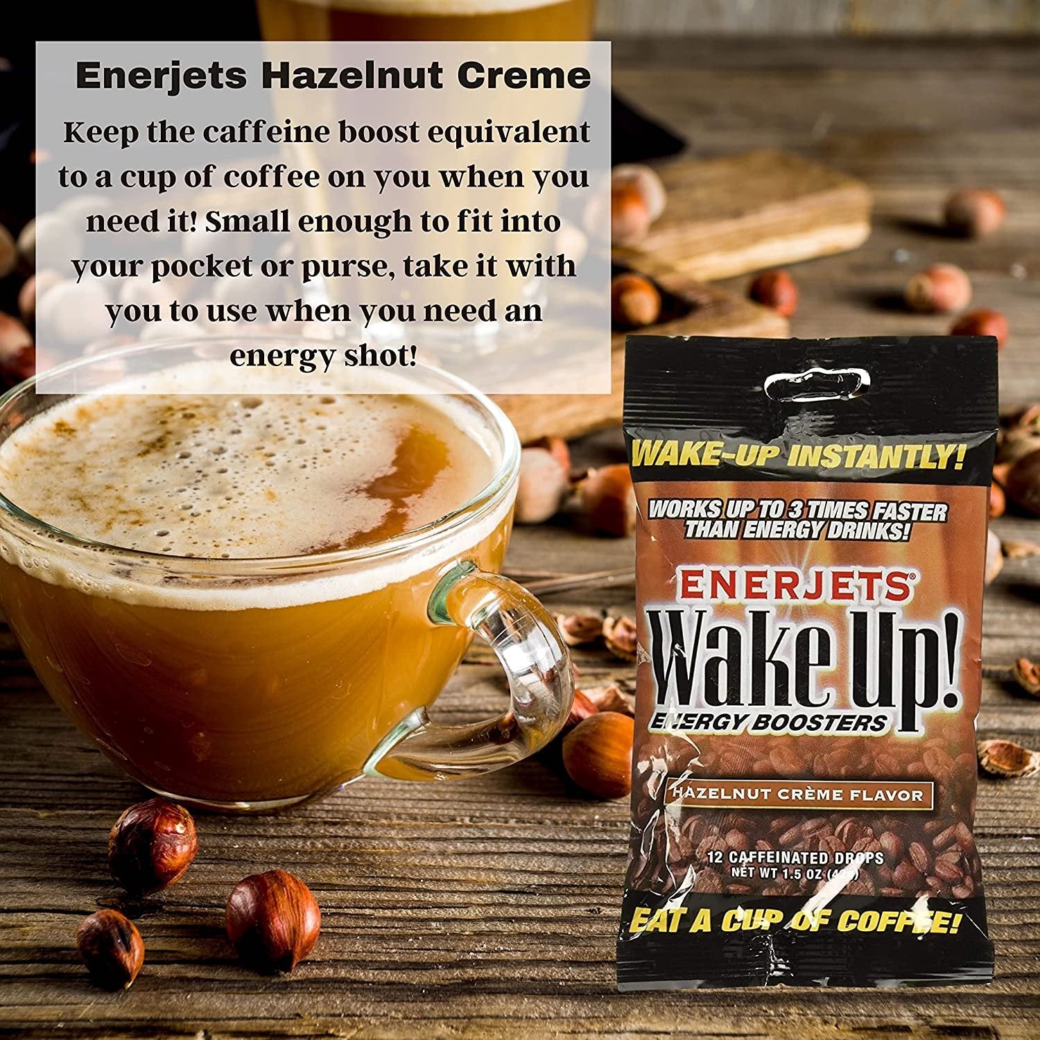 Enerjets Wake Up Energy Booster Caffeinated Drops - Instant Coffee Energy Supplements - Hazelnut Creme Flavor - Pack of 3, 12 Drops Per Package with Keychain