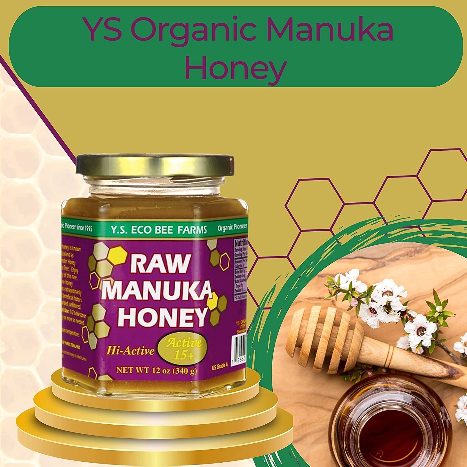 Y.S. Eco Bee Farms, 100% Certified Raw Manuka Honey, Hi-Active 15plus, Unpasteurized, Unfiltered, Exotic, Raw, Kosher, Gluten Free, Wonder Honey Of The Tea Tree", 12 Oz, 2 Jars with Bonus Key Chain
