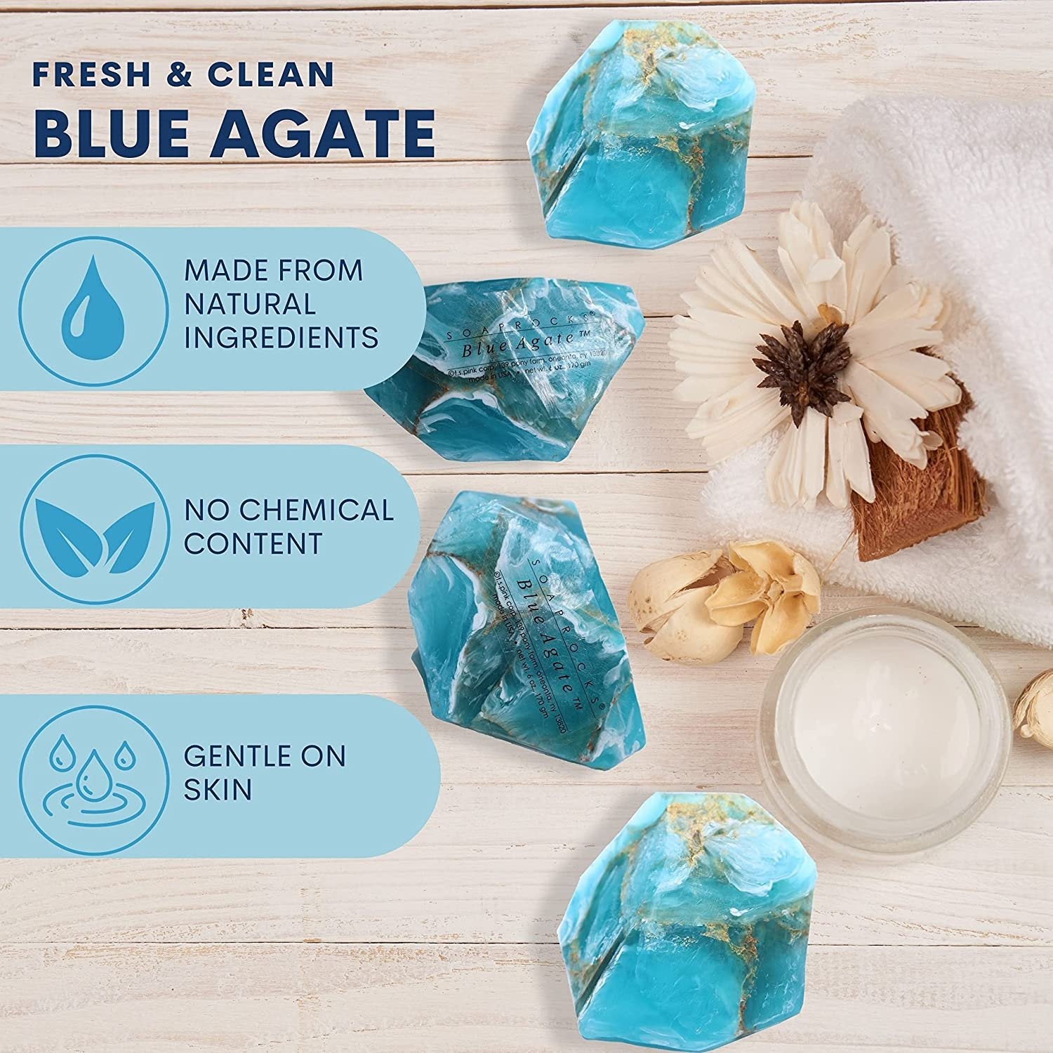 TS Pink Blue Agate SoapRocks - Bar Soap for Bath, Body, Face & Hand soap - Bathroom Decor & Bubble Bath Home Essentials - Bathroom Soap Gifts for Women & Men Gift Set - 6oz Bar with Bonus Key Chain