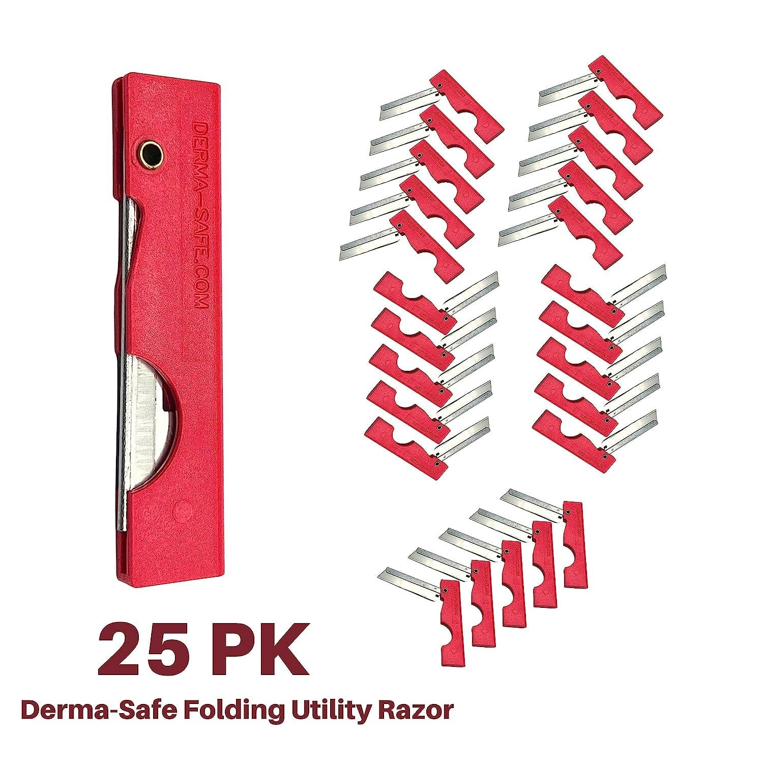 Derma-Safe Folding Utility Razor for Survival Utility and First Aid Kits - Mini Pocket Foldable Razor Blade, Folding Scalpel, (Red) 100-Pack