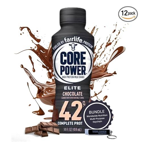 Core Power Fairlife Elite 42g High Protein Milk Shake - Kosher, Chocolate Protein Shake for Workout Recovery - 14 Fl Oz (Pack of 12) & Multi-Purpose Key Chain