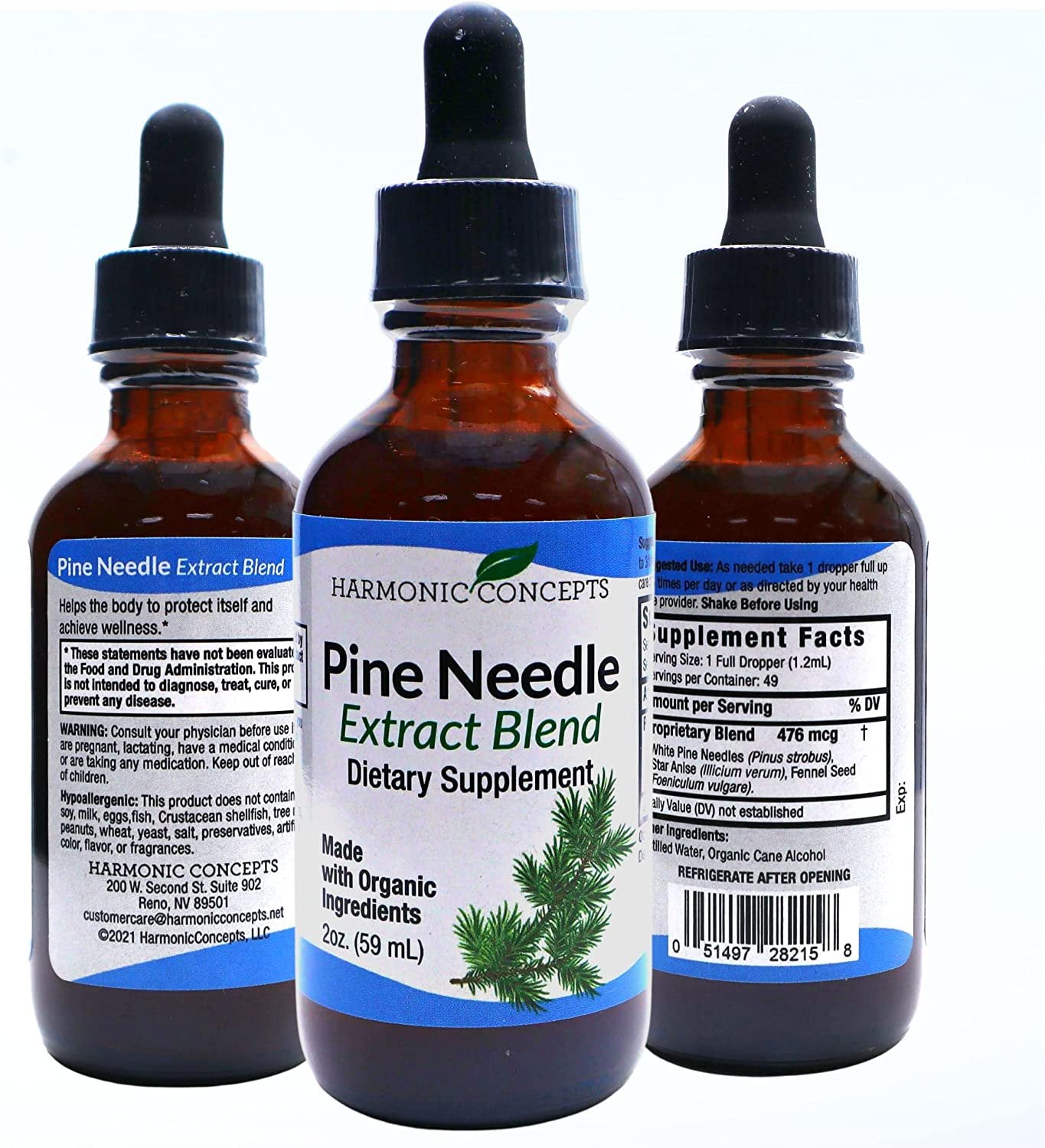 Harmonic Concepts Pine Needle Extract Blend - Organic Liquid Dietary Supplement - Vitamin A and Vitamin C - Immune Support Supplement - 2 Oz with Worldwide Nutrition Multi Purpose Key Chain