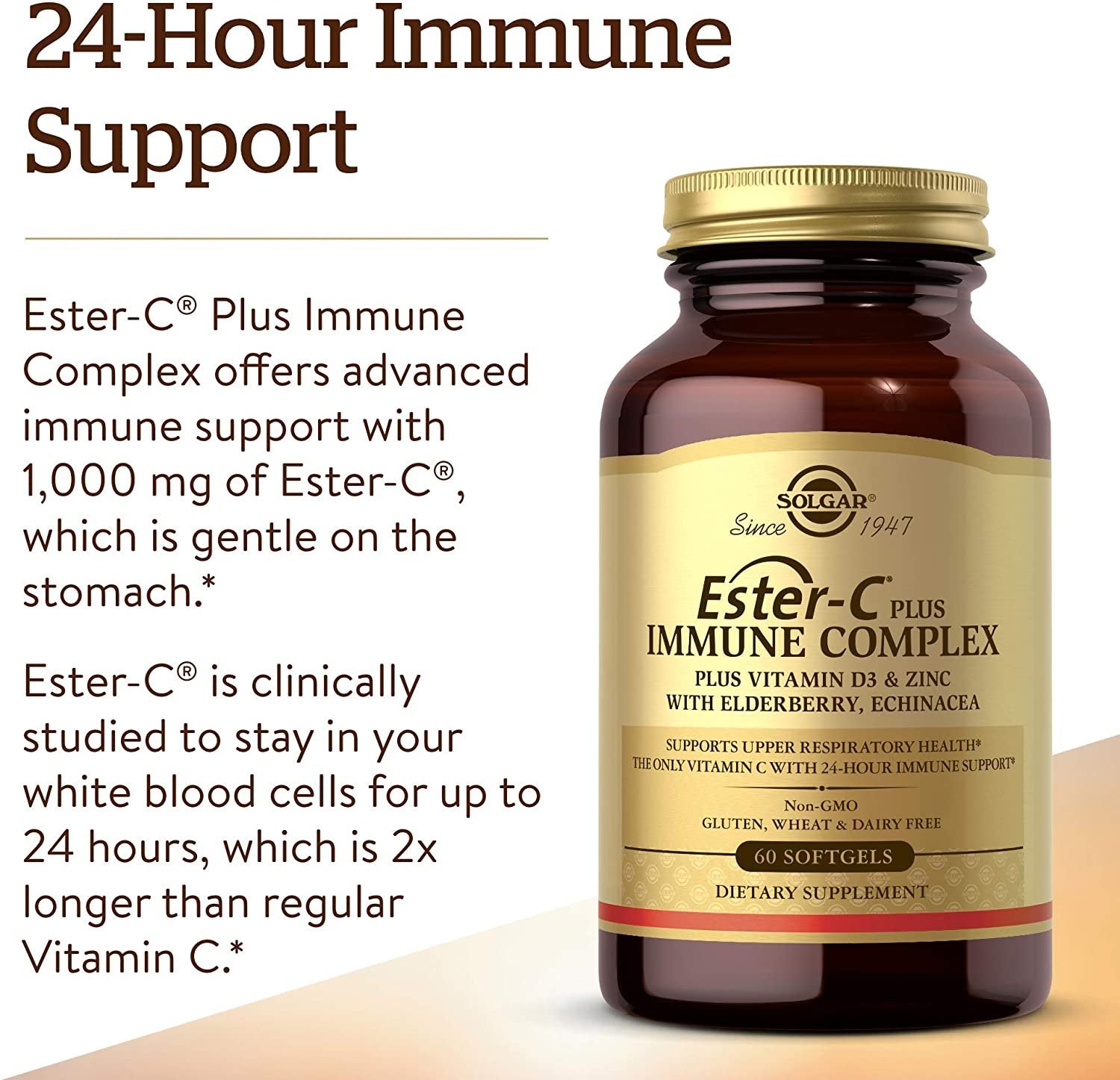 Solgar Ester-C Plus Immune Complex, 60 Softgels - 24-Hour Immune Support - Supports Upper Respiratory Health - Plus D3, Zinc, Elderberry & Echinacea - Non-GMO, Gluten Free, Dairy Free - 30 Servings