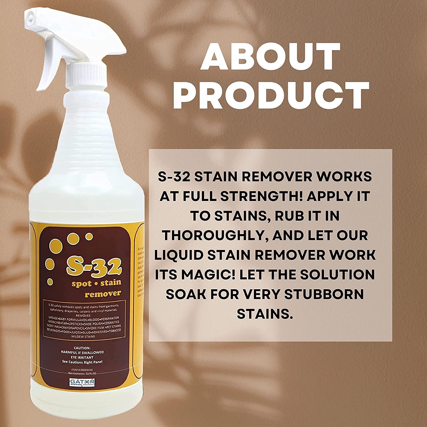Gator Chemical Company S-32 Liquid Spot and Stain Remover - Multipurpose Cleaner for Laundry, Carpet & Upholstery - Professional Strength Stain Remover - 32 Fl Oz Spray Bottle with Bonus Key Chain