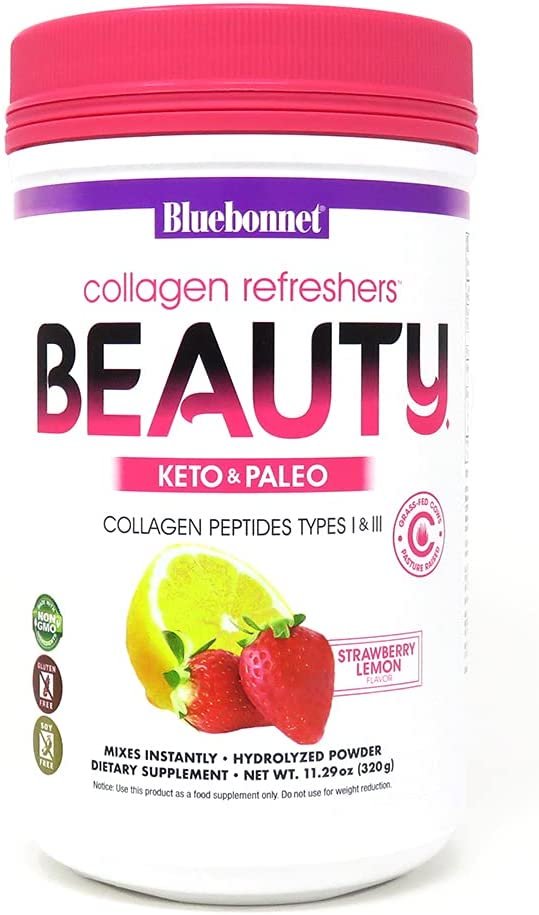Bluebonnet Nutrition Collagen Refreshers Beauty Powder, Keto and Paleo, Beauty Lift*, Soy-Free, Gluten-Free, Non-GMO, Grass-fed Cows, Pasture Raised, 11.29 oz, 20 Servings, Strawberry Lemon Flavor