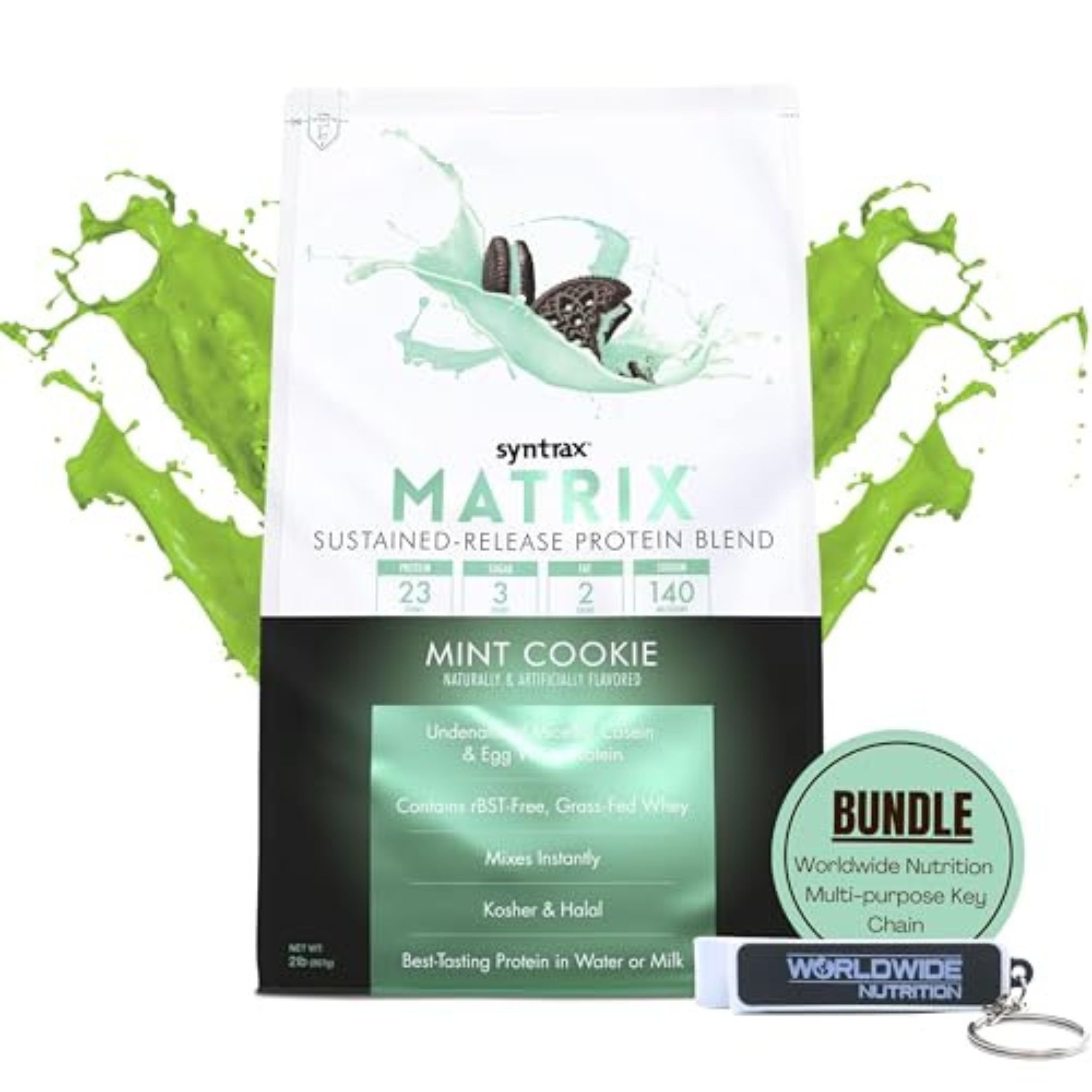 Syntrax Bundle, 2 Items Matrix Protein Powder 2.0 Sustained-Release Whey Protein Powder Blend - Instant Mix Protein Powder Mint Cookie, 2 Pounds with Worldwide Nutrition Keychain
