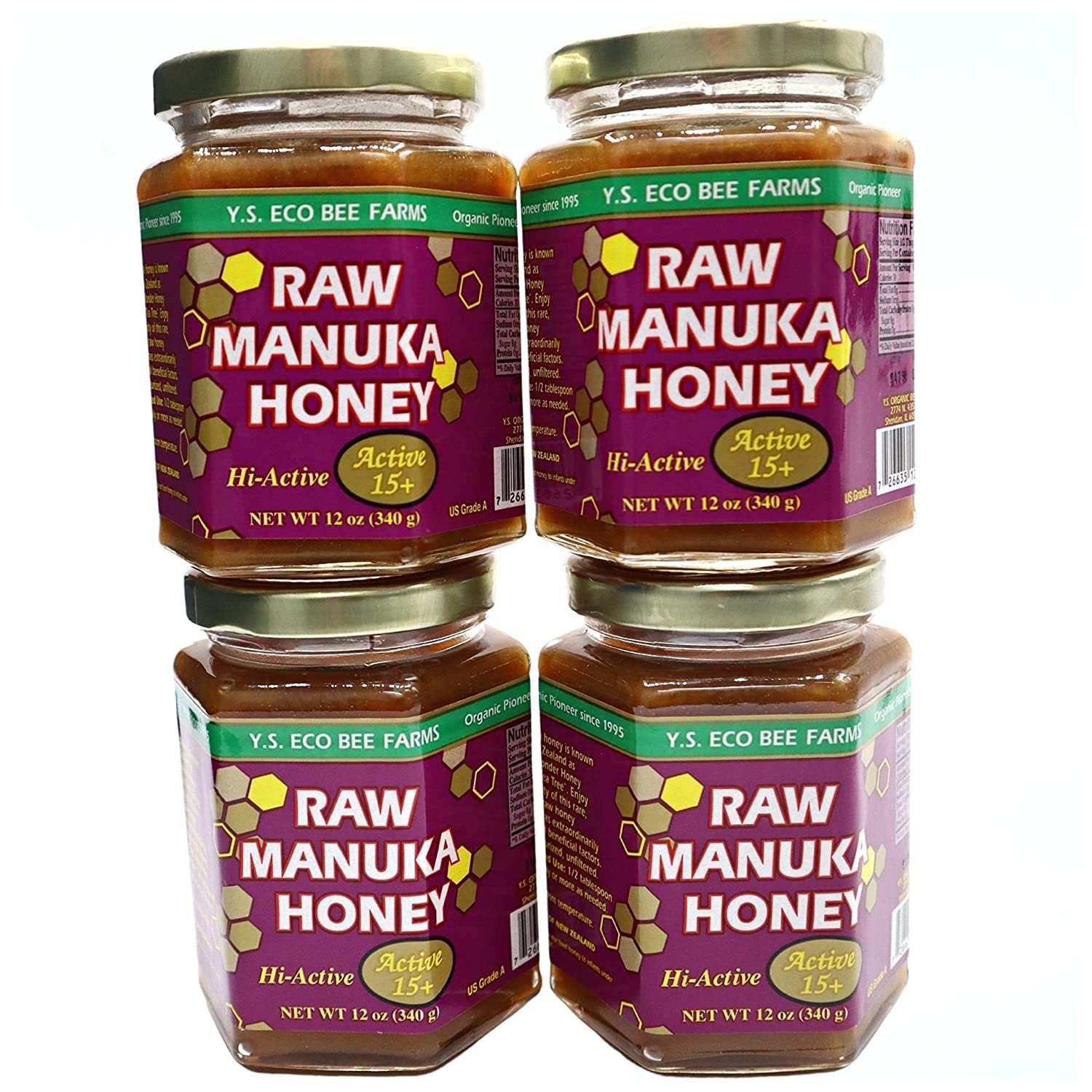 Y.S. Eco Bee Farms, 100% Certified Raw Manuka Honey, Hi-Active, Active 15plus, Unpasteurized, Unfiltered, Rare, Exotic, Raw, Kosher, Gluten Free, "The Wonder Honey Of The Tea Tree", 12 Oz - 4 Jars
