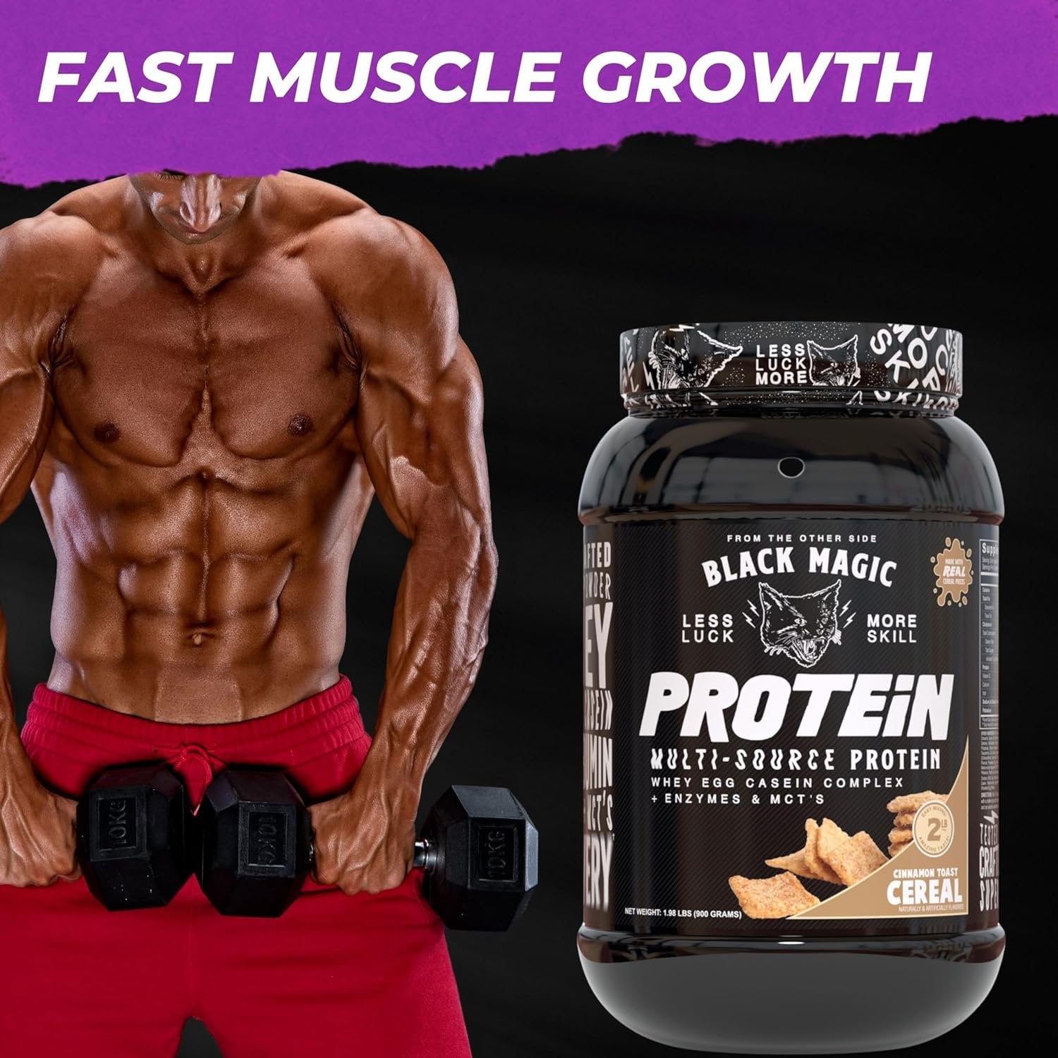 Black Magic Multi-Source Protein - Whey, Egg, and Casein Complex with Enzymes & MCT Powder - Pre Workout and Post Workout - Honey Grahms Protein Powder - 24g Protein - 2 LB with Bonus Key Chain