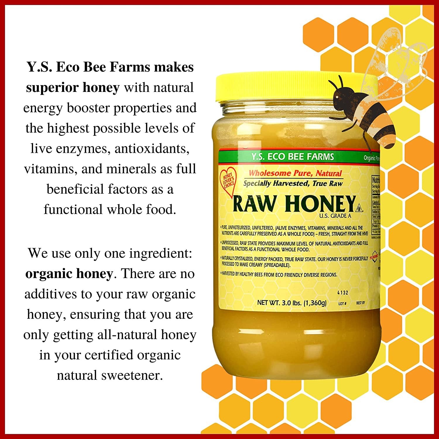 Y.S. Eco Bee Farms, Wholesome Natural Raw Honey, Unpasteurized, Unfiltered, Fresh Raw State, Kosher, Pure, Natural, Healthy, Safe, Gluten Free, Specially Harvested, 3lb - with Bonus Key Chain