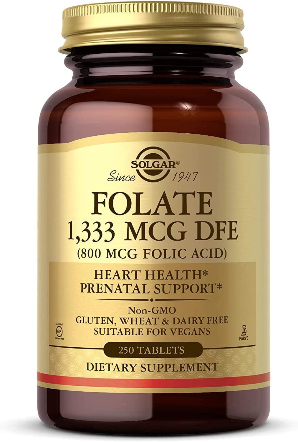 Solgar Folate 1,333 MCG Dietary Folate Equivalent (800 mcg Folic Acid), 250 Tablets - Heart Health, Healthy Nervous System, Prenatal Support - Non-GMO, Vegan, Gluten Free, Dairy Free - 250 Servings