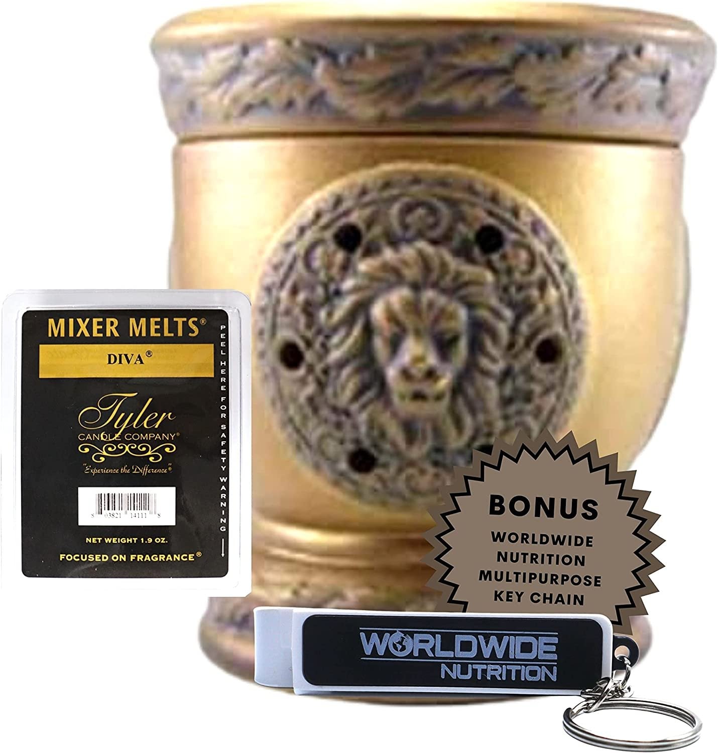 Tyler Candle Company Lionesque Matte Bronze Fragrance Wax Warmer - Candle Wax Melt Warmer - Home Decor Candle Accessories with Included 6 Diva Scent Wax Melts - 5.5 x 5" in with Bonus Key Chain