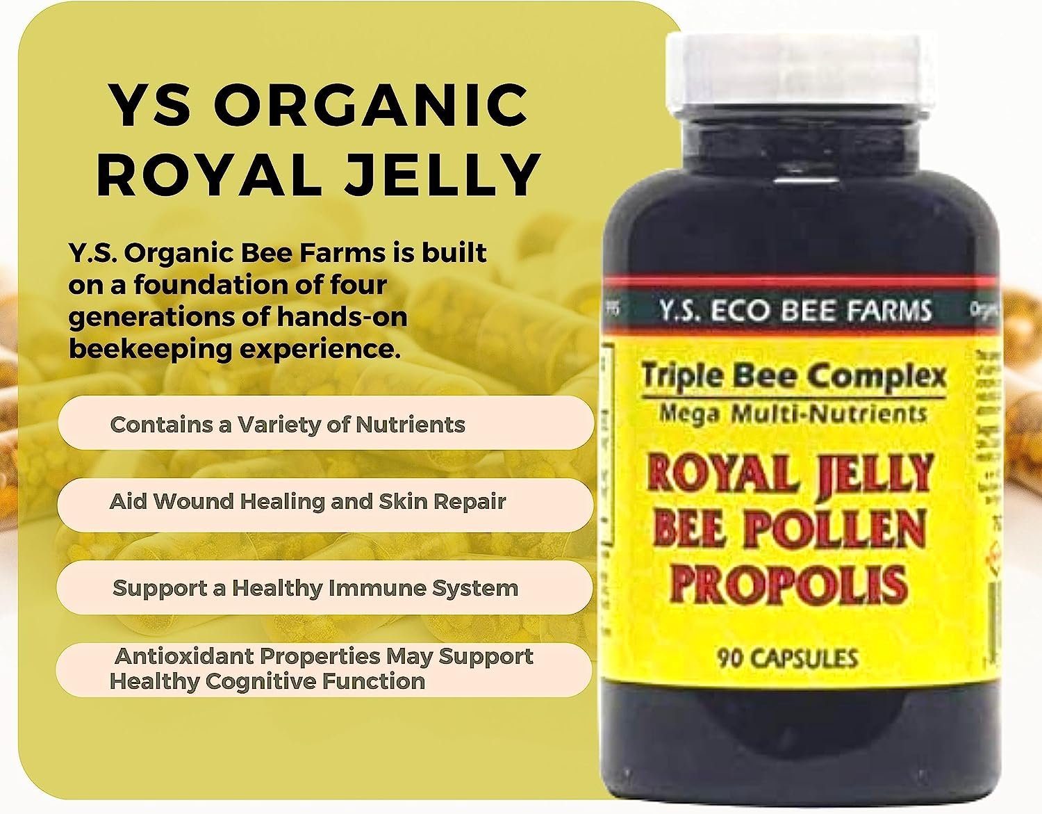 YS Organics Bee Farm Triple Bee Complex Mega Multi-Nutrients - Royal Jelly, Bee Pollen, Propolis - 90 Capsules - with Multi-Purpose Key Chain