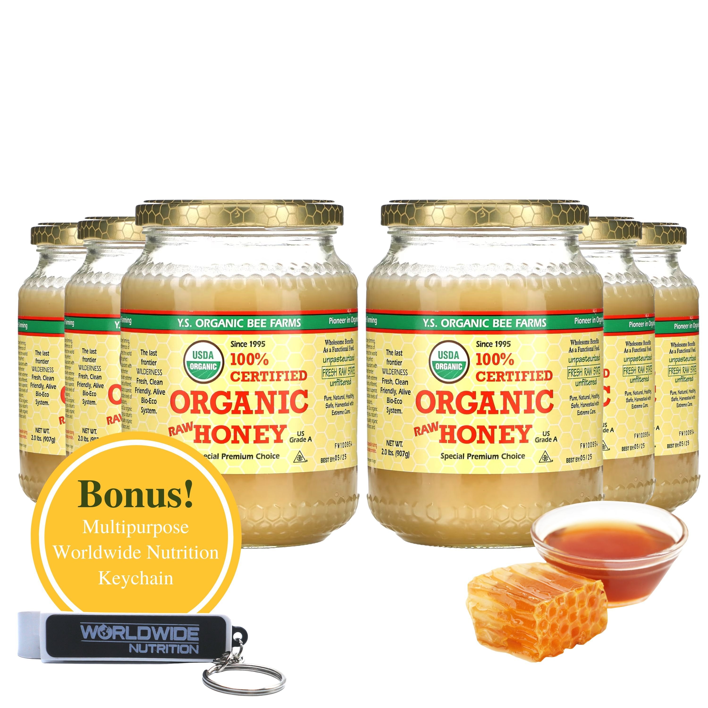 Y.S. Organic Bee Farms, 100% Certified Y.S. Organic Raw Honey, Unpasteurized, Unfiltered, Fresh Raw State, Kosher, Pure, Natural, Healthy, Safe, Gluten Free, Harvested with Extreme Care, 2 Lb (6)