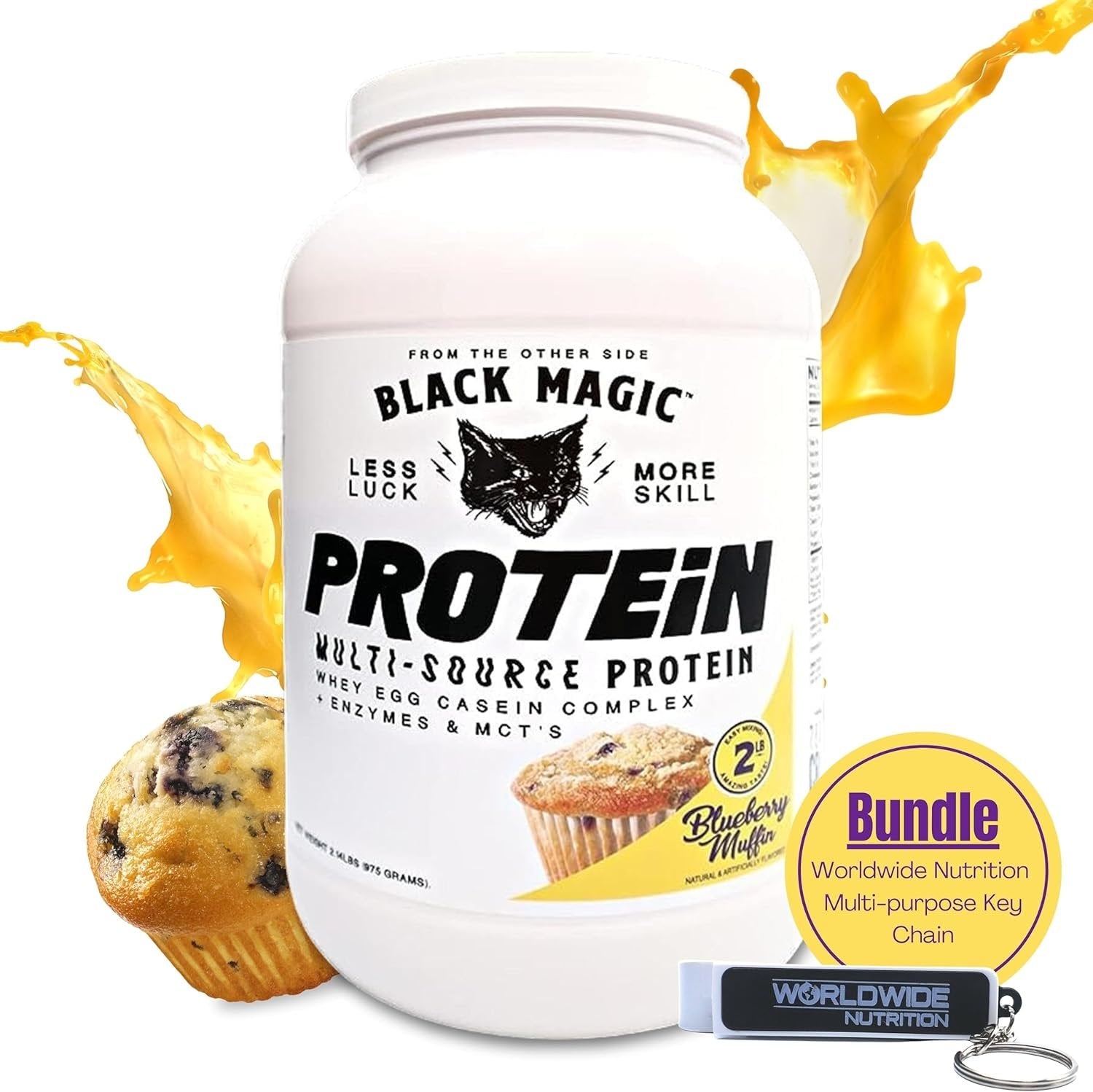 Black Magic Multi-Source Protein - Whey, Egg, and Casein Complex with Enzymes & MCT Powder - Pre Workout and Post Workout - Honey Grahms Protein Powder - 24g Protein - 2 LB with Bonus Key Chain