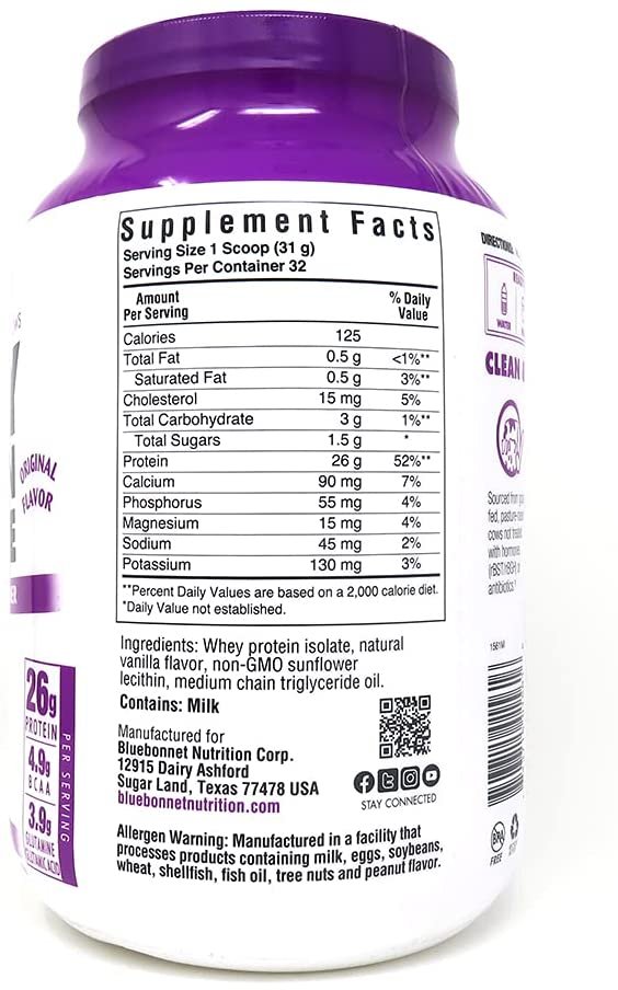 Bluebonnet Nutrition Whey Protein Isolate Powder, Whey from Grass Fed Cows, 26 Grams of Protein, No Sugar Added, Non GMO, Gluten Free, Soy Free, Kosher Dairy, 2.2 lbs, 32 Servings, Original Unflavored