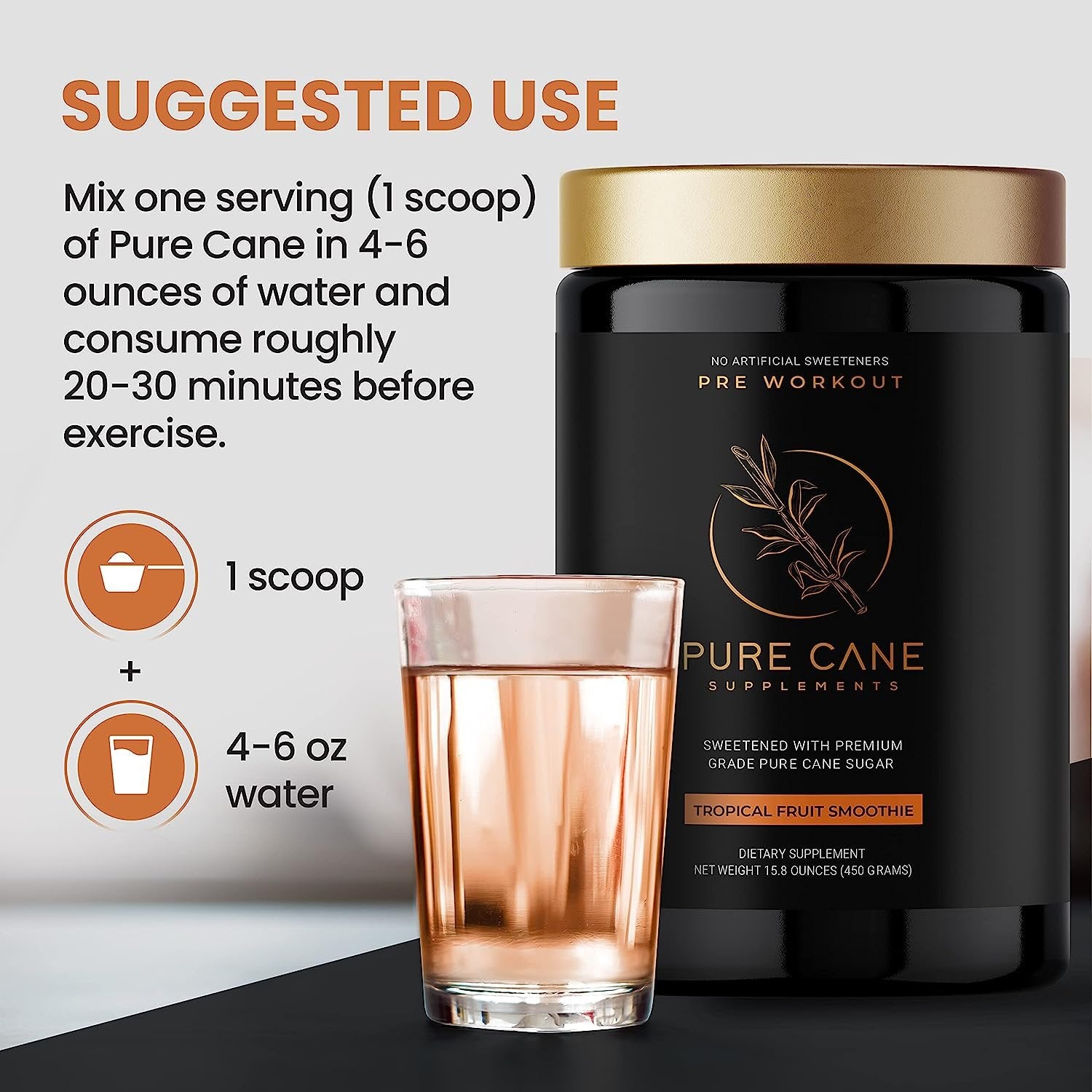 Pure Cane Natural Pre Workout Powder for Men & Women - No Artificial Sweeteners, Sweetend With Natural Pure Cane Sugar- Tropical Fruit Smoothie