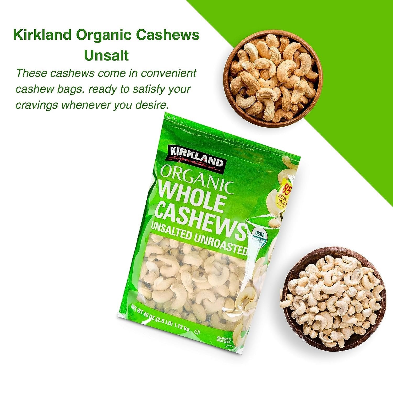 Worldwide Nutrition Bundle, 2 Items: Kirkland Signature Organic Whole Cashews Unsalted Unroasted - Perfect for Snacking, Cooking, and Gifting - 40 Ounce Cashew Nuts Pack and Multi-Purpose Key Chain